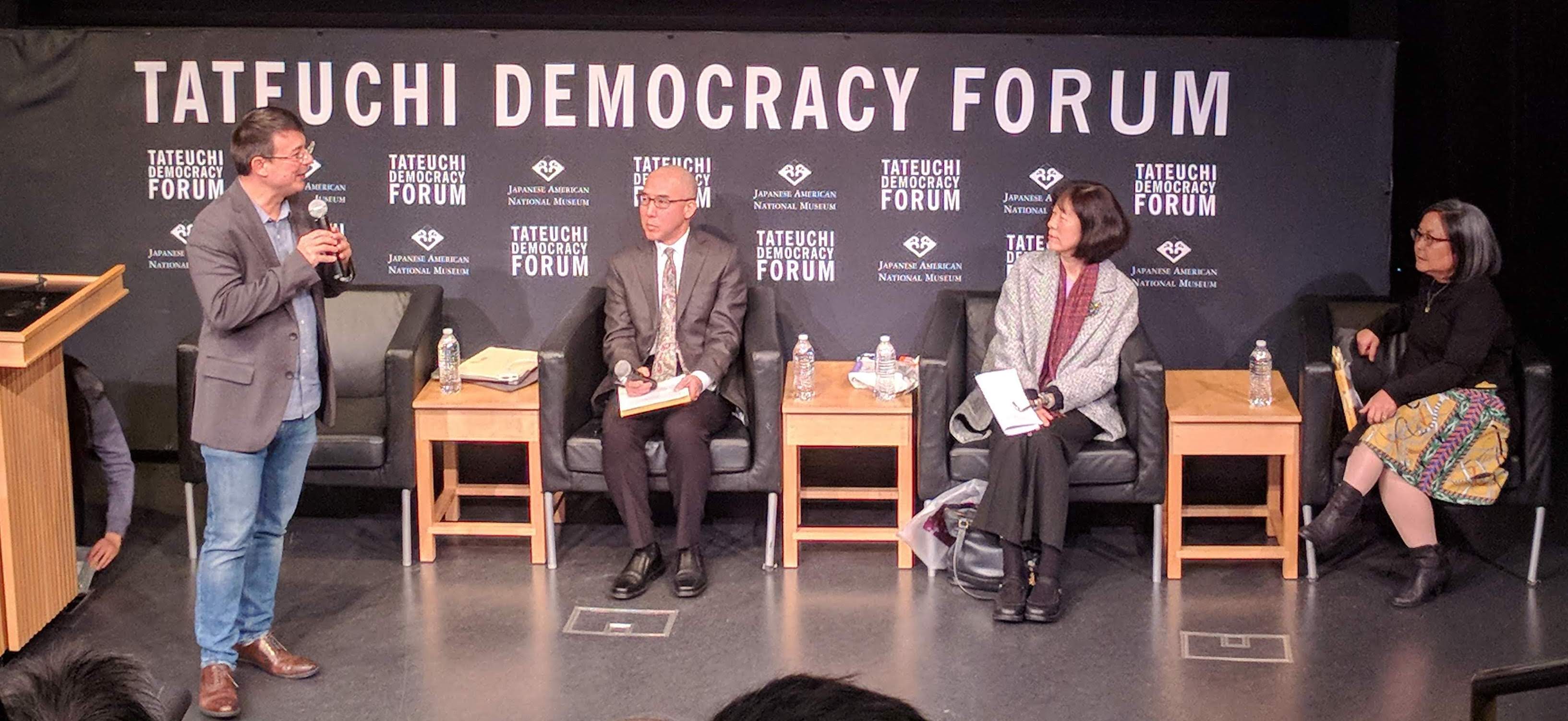 (From left) Duncan Ryuken Williams, Brian Niya, Valerie Matsumoto, and Naomi Hirahara at the Tateuchi Democracy Forum at the Japanese American National Museum in Los Angeles. February 2019. Photo by Jhani Randhawa.