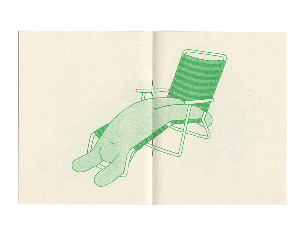 A spread of the zine risograph printed in green. In the illustration, one ‘blob’ character is laying backwards in a striped beach lounge chair with a blank look on their face.