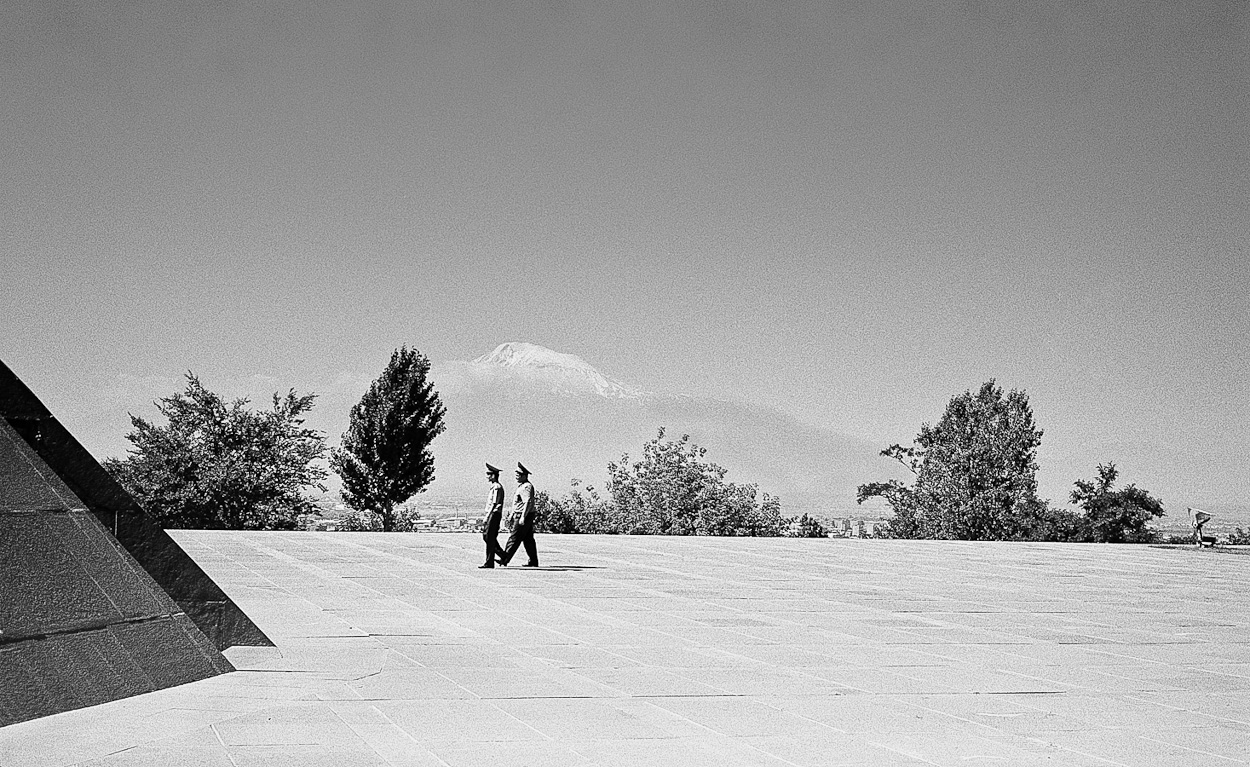 Policemen at Tsitsernakaberd Armenian Genocide memorial, Yerevan. Ararat (5137 m) in the background. LFI Editor's Choice/Picture of the Week (Nov. 2013)
