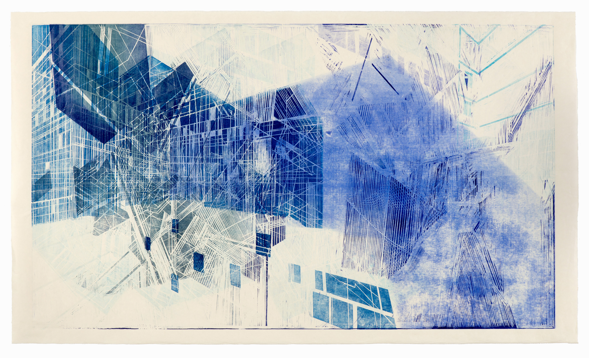 Schematic 2, woodcut  monoprint on Okawara paper, 35 x 60 in. 2015 variable ed. 4