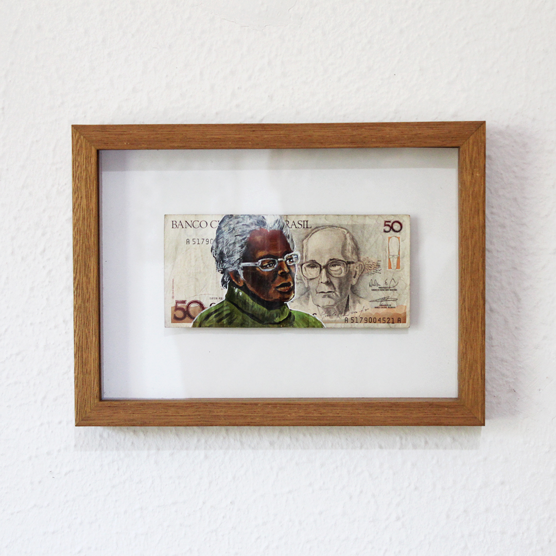 Ruth Guimarães, 2023. Acrílica sobre papel moeda, 10 x 15 cm.