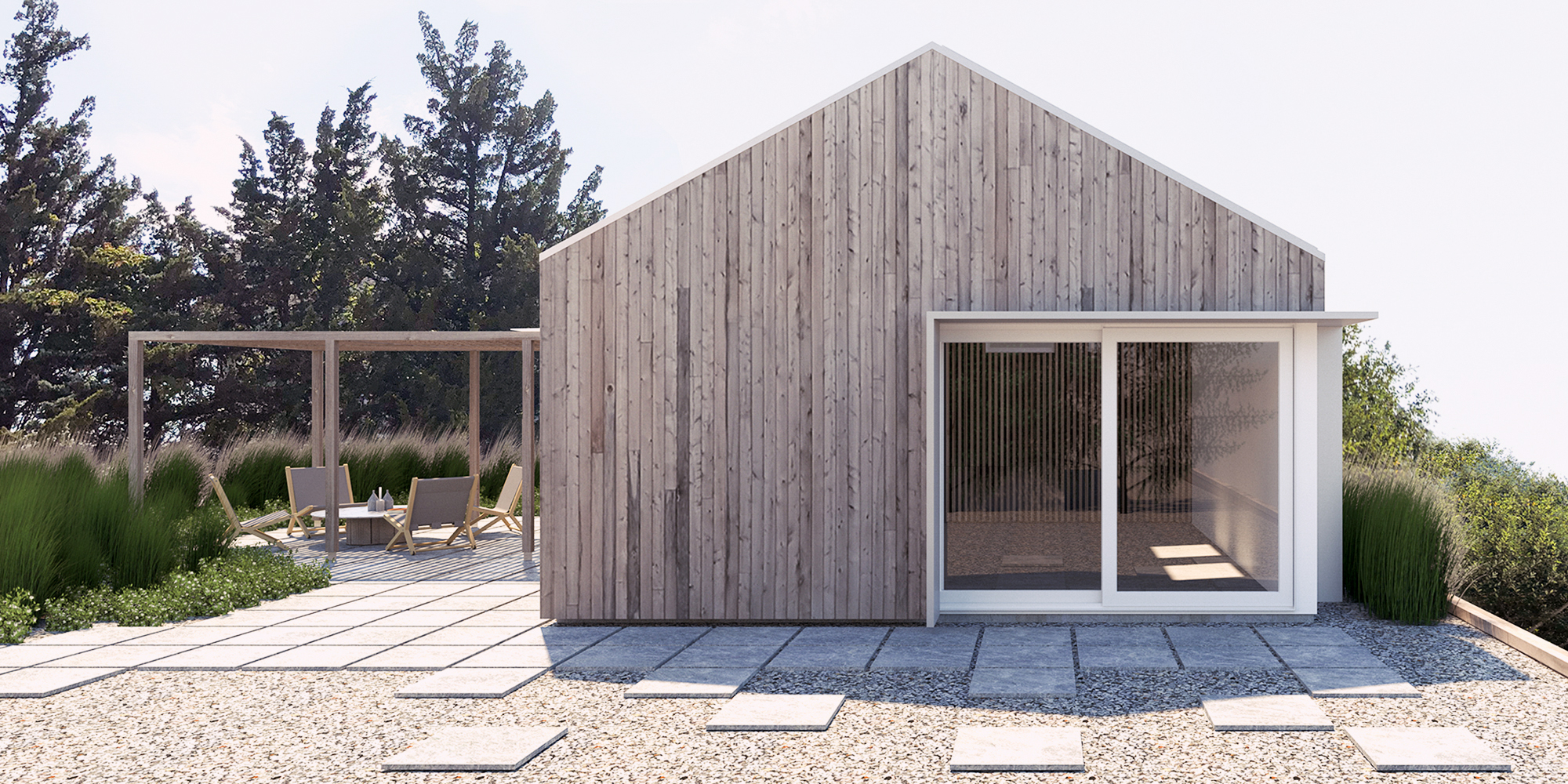 Architectural rendering of the Harbor Pavilion concept, showing the timber-clad building, outdoor patio, and perimeter landscaping near Barnegat Bay.