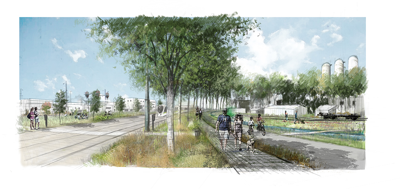 Perspective finale de paysage pour le Projet de Fin d'étude de Iris Chervet - "Caravansérail" Projet de requalification paysagère d'une friche ferroviaire - Master recherche - ENSAPVS - Février 2014 - Sous la direction de Alain Pelissier, Sylvie Salles et Rémi Lacau