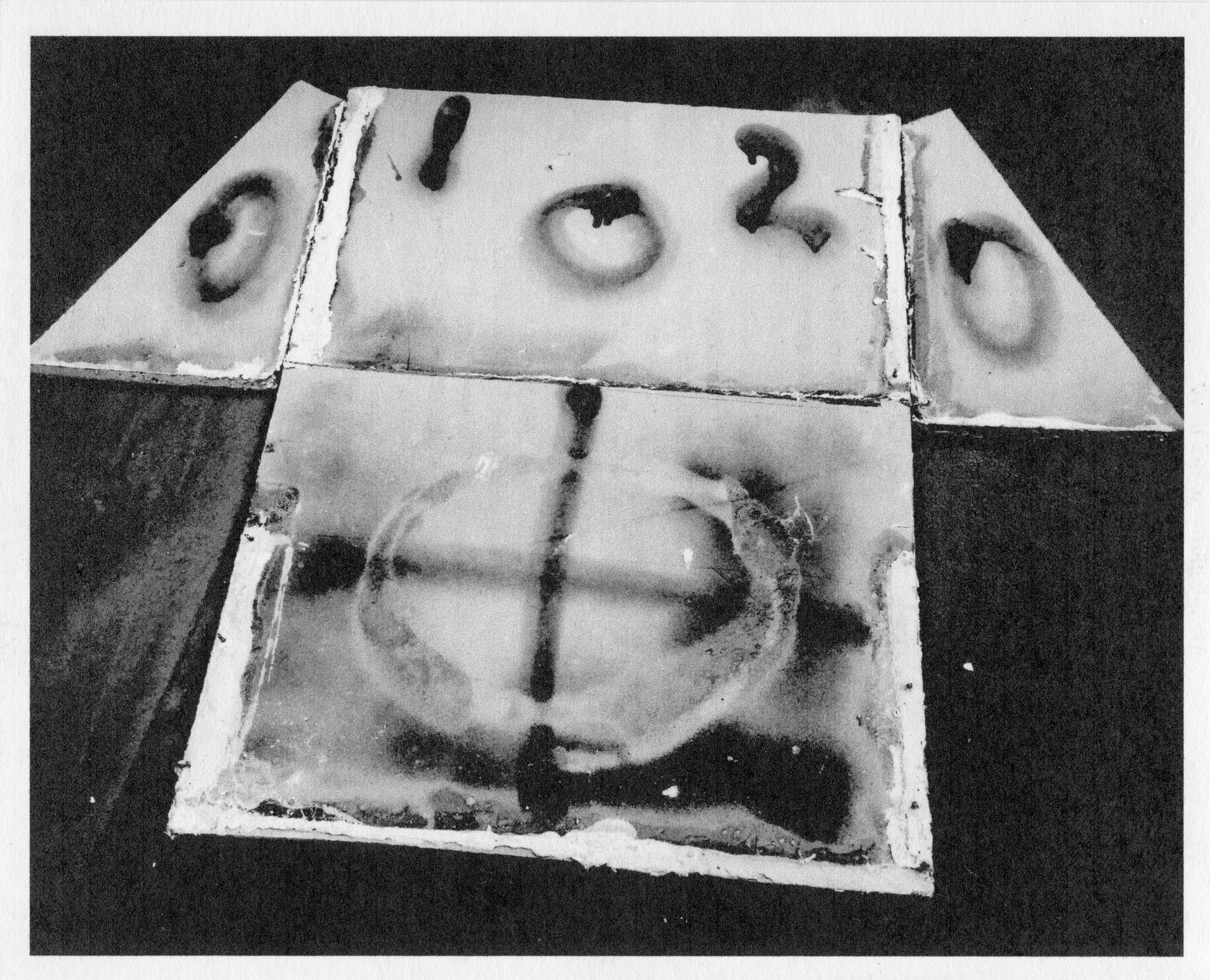 No:1 of - open_battery board & close_battery board (approx 16 x 21 x 0.75” / 10 x 9 x 12”)  4 plasterboard panels, spray paint, silicone based glue - catalogued as (approx 7 x 6” Individually) black ink on reclaimed paperback paper, 2019