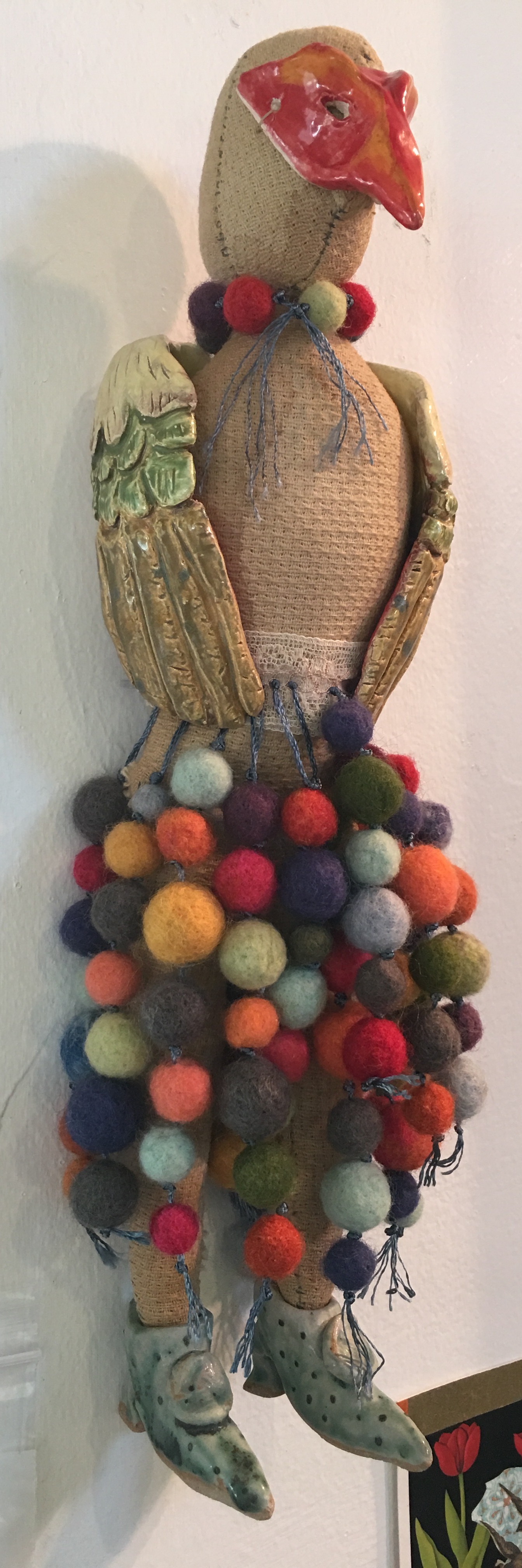 Untitled, SOLD → vintage onion skin dyed fabric, felted wool, ceramic