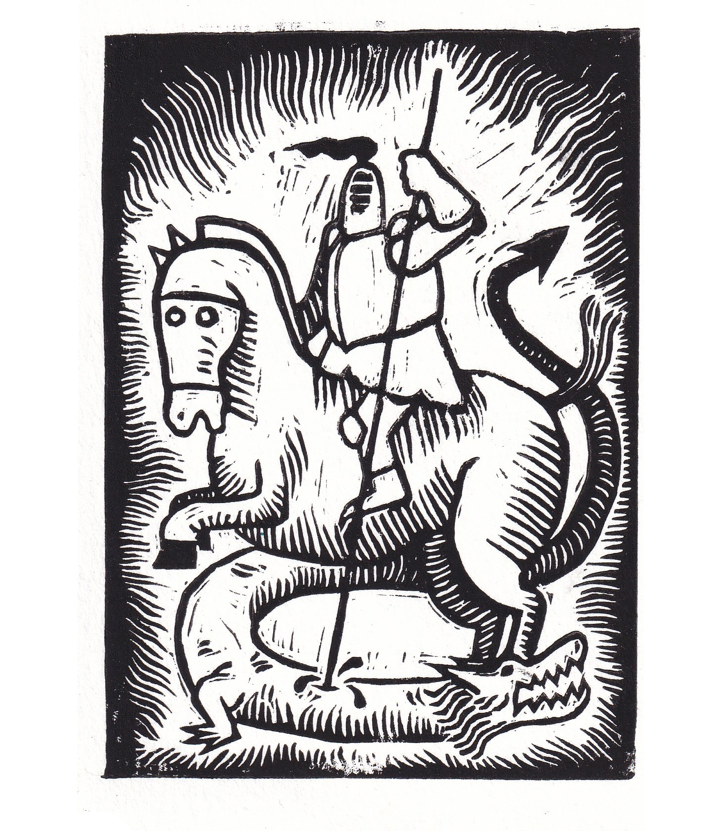 St. George and the dragon, Lino-cut print.