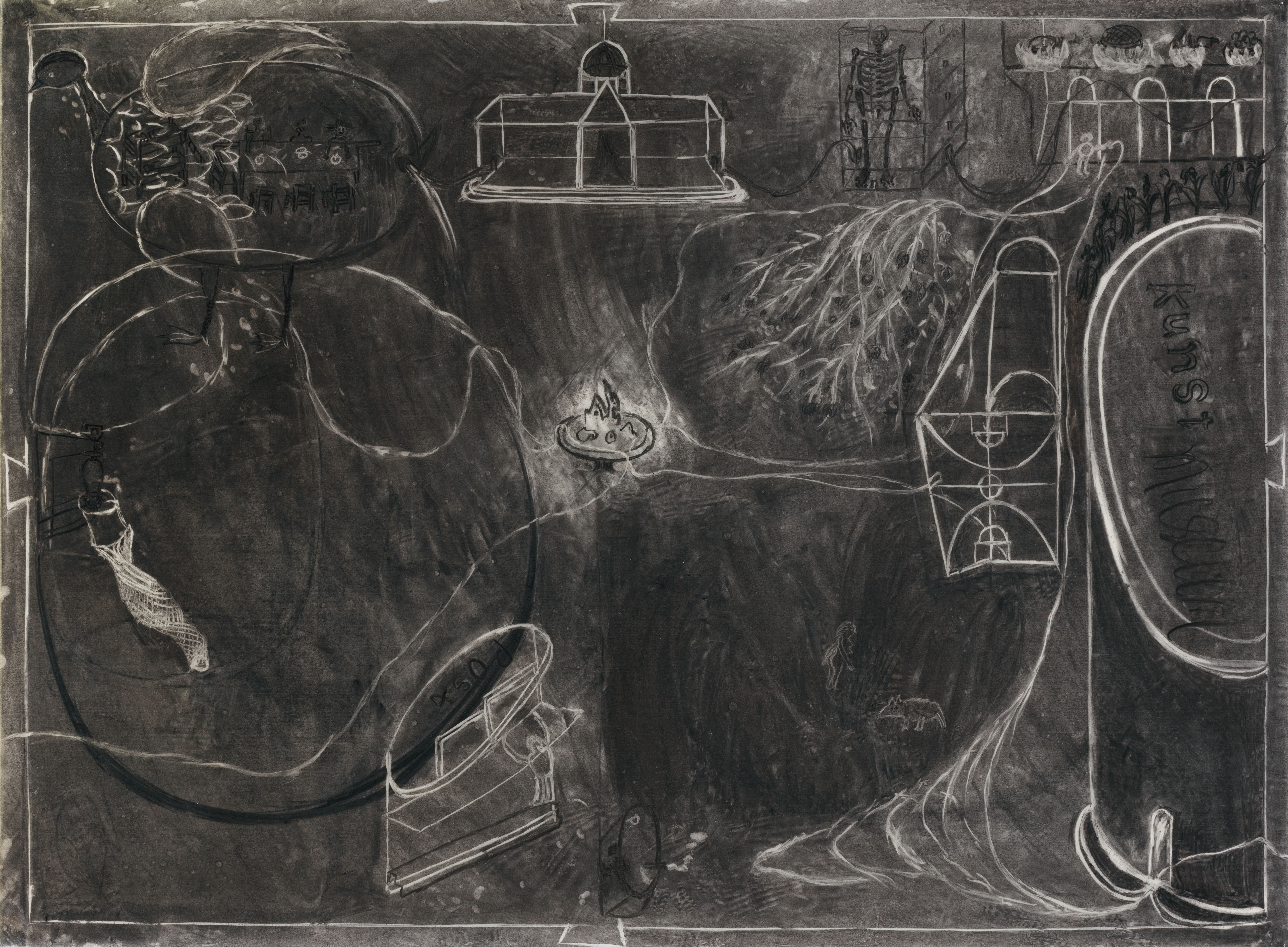 I Was Born Here, 120 x 90 cm, charcoal, pastel, wax on transparent paper 2023