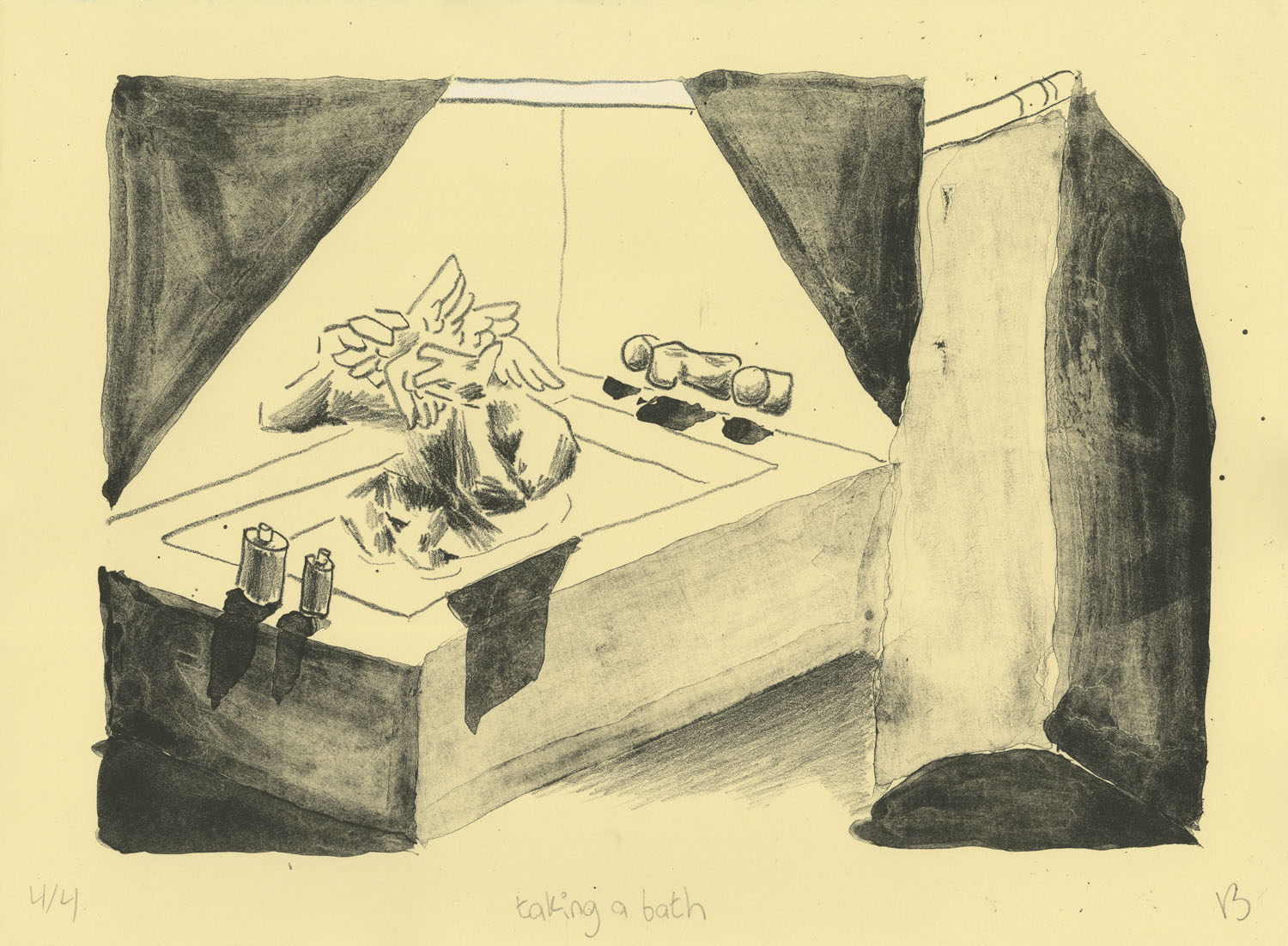 Taking a Bath2022, Stone lithograph, black ink on cream paper with white chalk pastel, 11x15