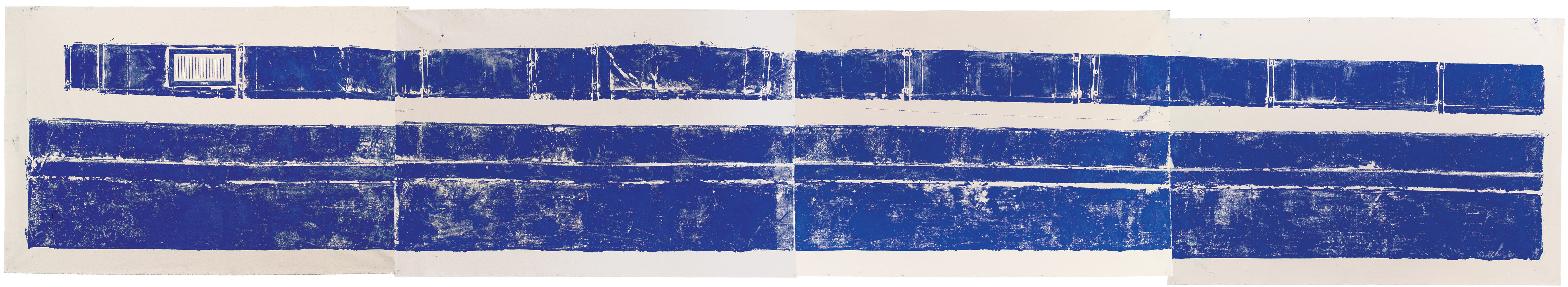 Western Beam, 2014. Oil printing ink; four panels, each: 66 &times; 90 inches; total dimensions: 66 &times; 360 inches 