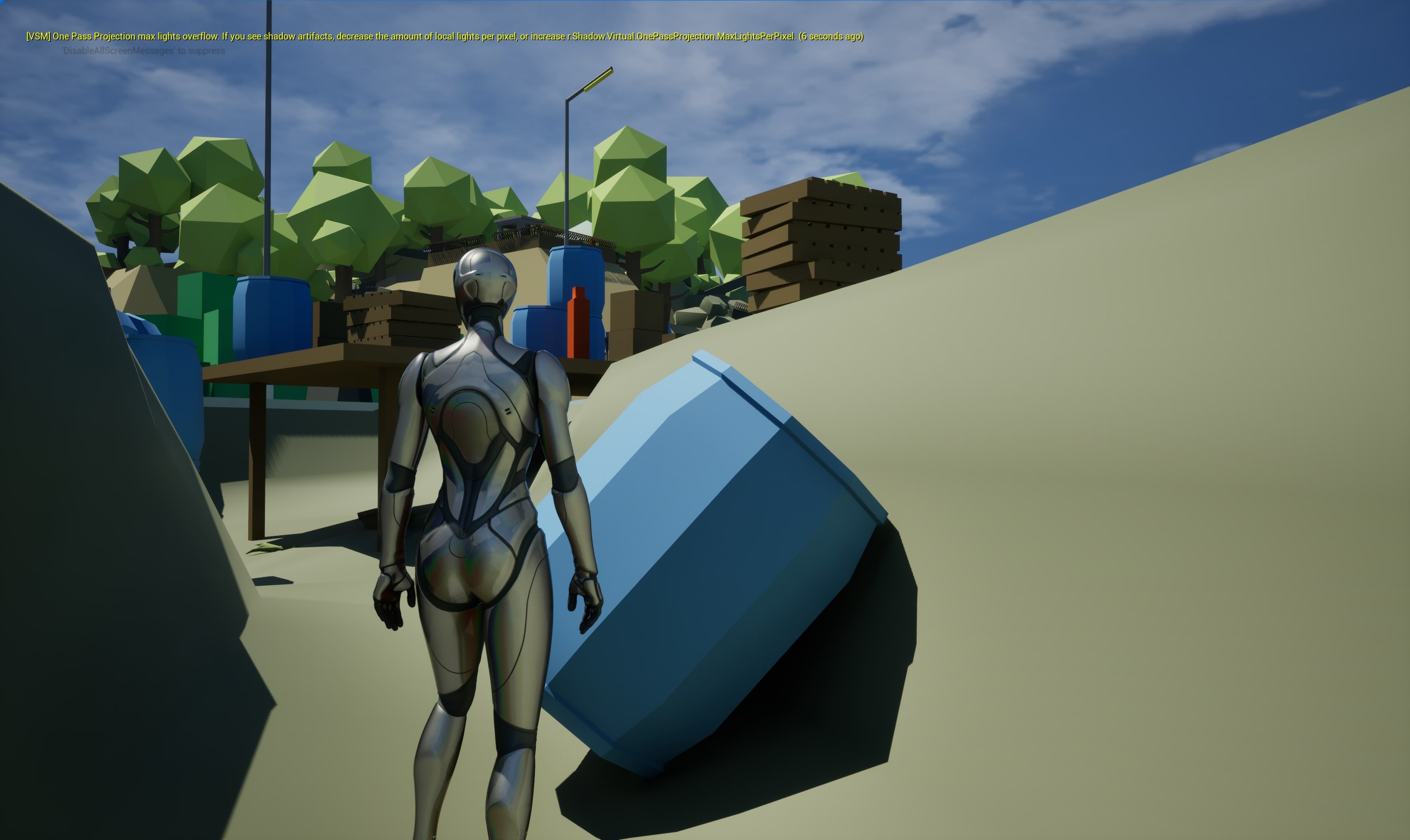 3-2. Hides behind fallen barrels to stay out of enemy sight.