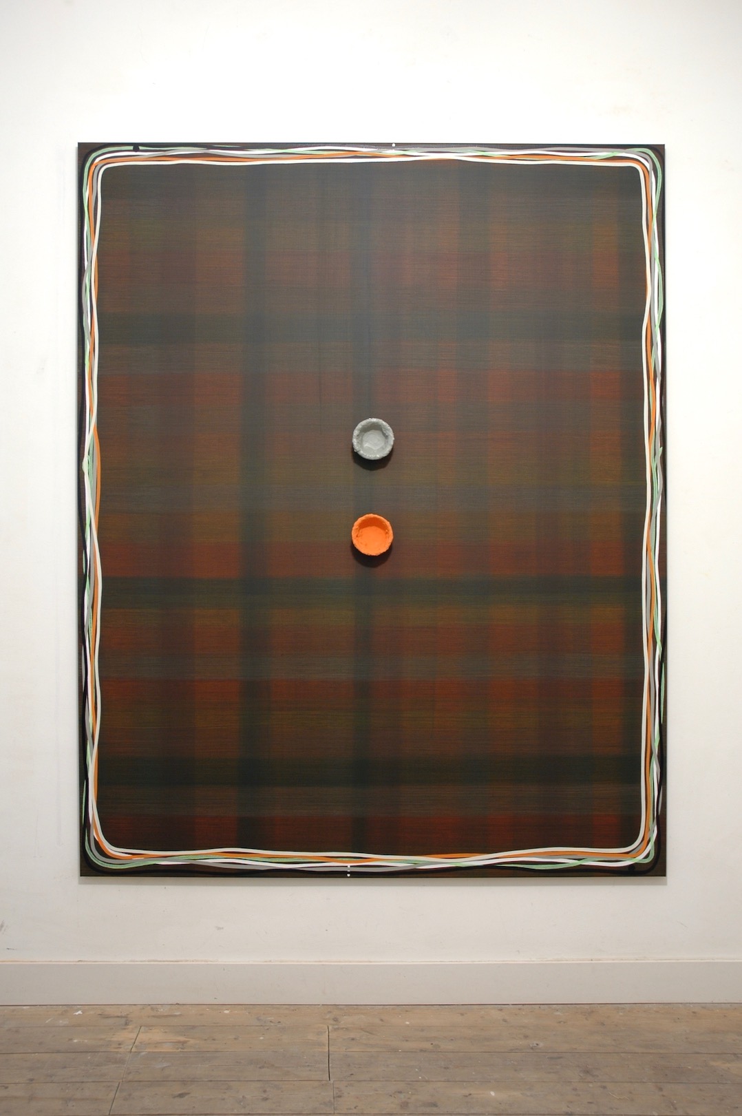 Untitled 2008, acrylic and alkyd on canvas and glass bowls, 200 x 160 cm