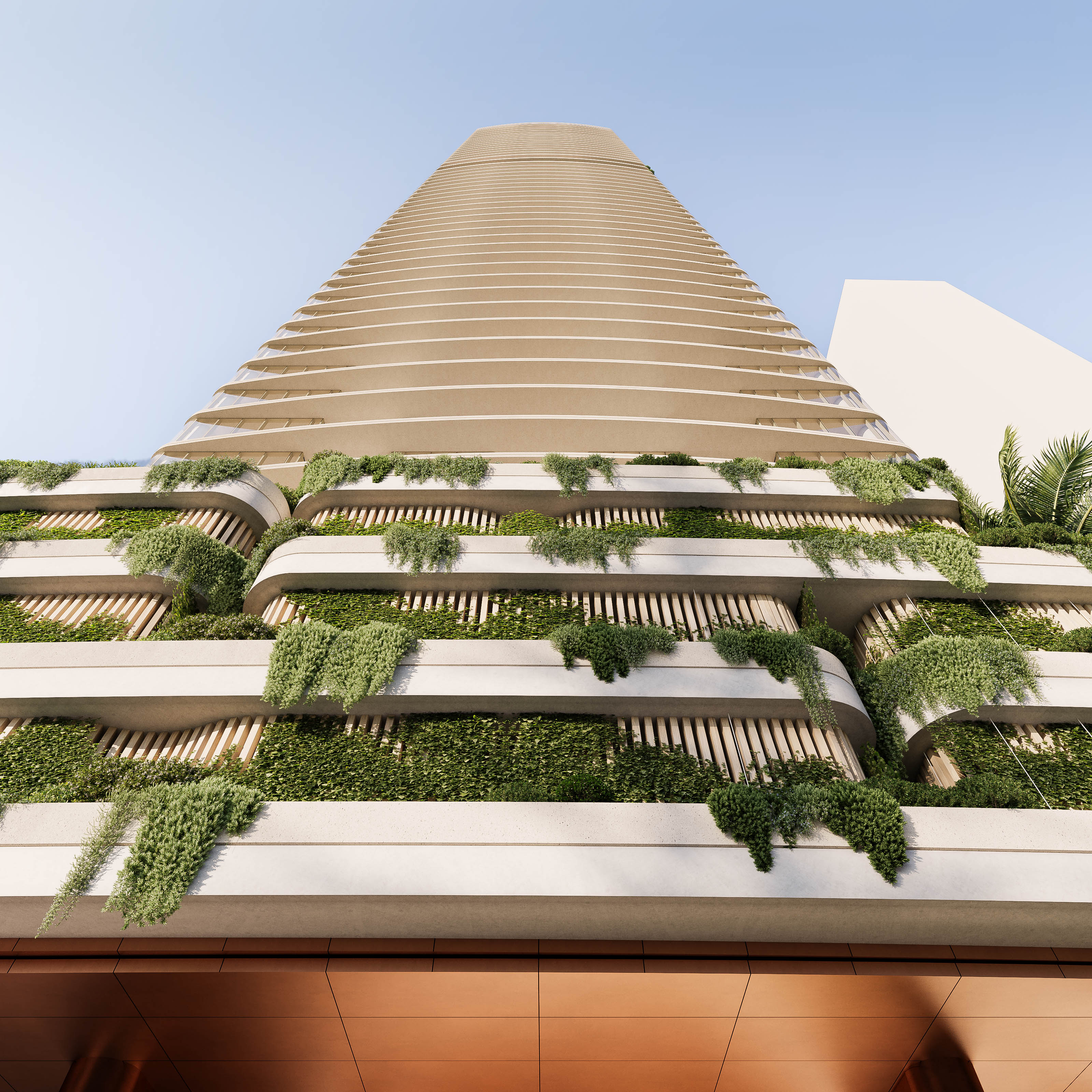 Modern high-rise building with green vertical gardens and curved balconies, sustainable architecture design against clear sky.