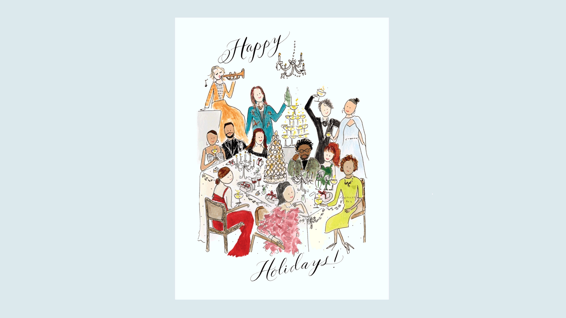 Animation of 12 people at a dinner table with calligraphy reading, "Happu Holidays."