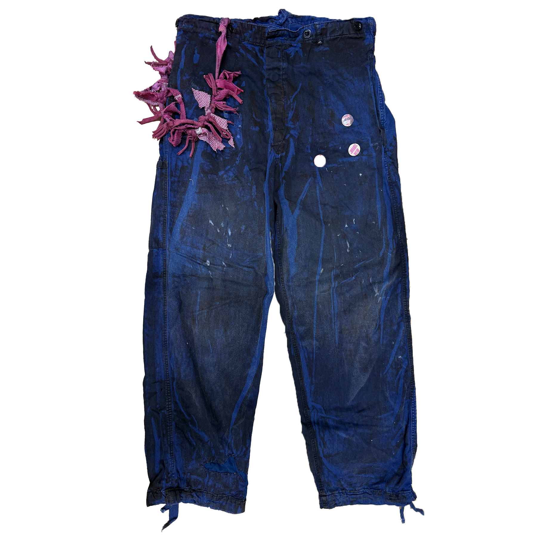 reclaimed vintage surplus denim screen printed with textile dye & various metals. tailored for straight/wide fit. fitted with custom keychain, scrap chain, and leather patches