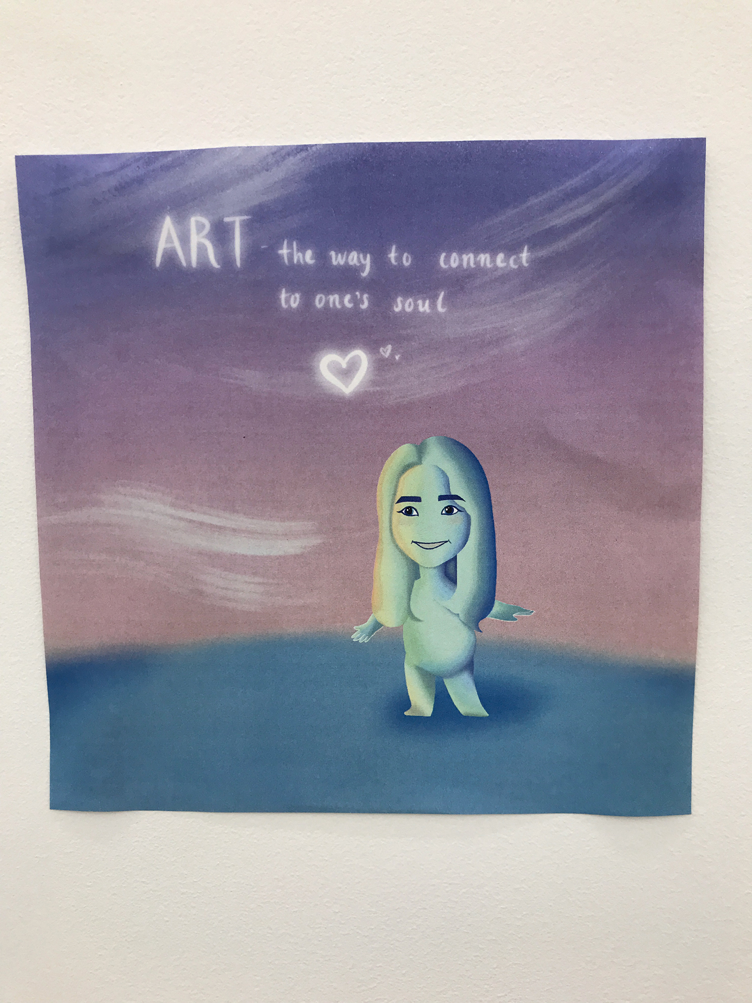 A digital and cartoon-like drawing of a human figure standing with their arms open and a smile on their face. Above the figure, it says "Art the way to connect to one's soul." A heart floats between the words and the standing human figure.