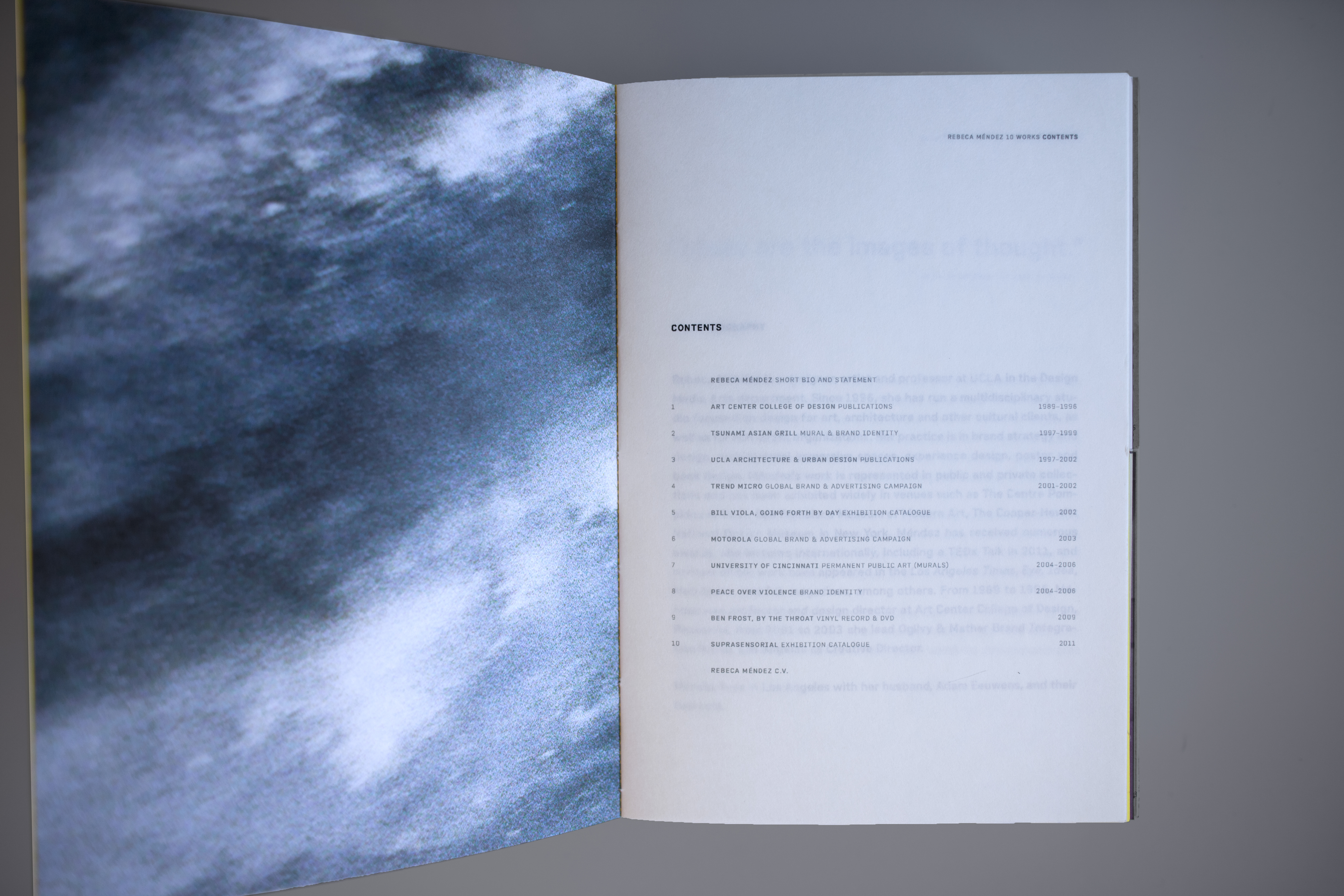 As part of her nomination portfolio Méndez made this book containing 10 selected projects with detailed descriptions, published articles by design and art curators, writers and critics, and cut-ups of the selected projects. The book is 9.5 × 6.5 × 2.5 inches.