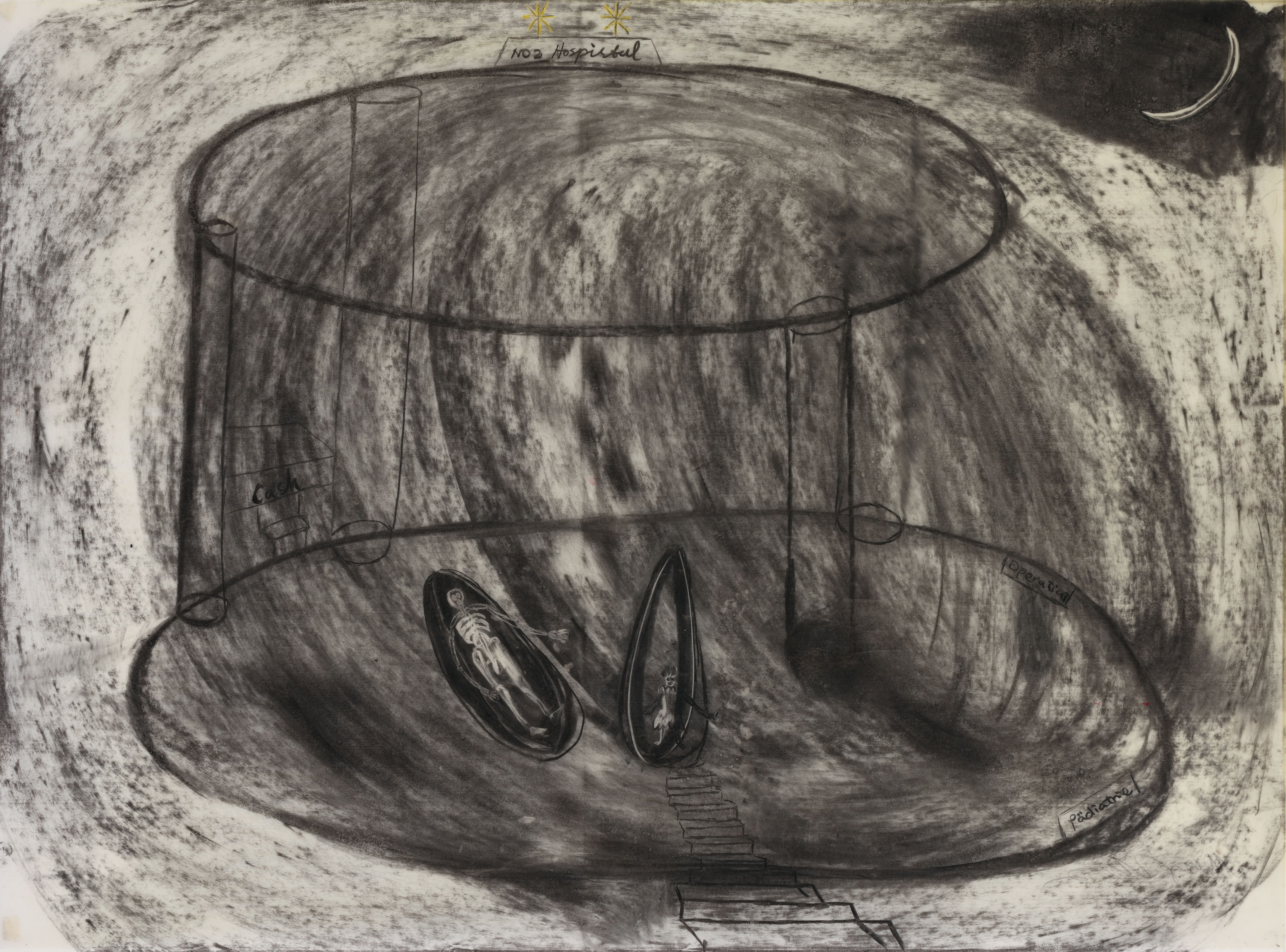 The Sunflower Seed Incident, 120 x 90 cm, charcoal, wax on transparent paper, 2023