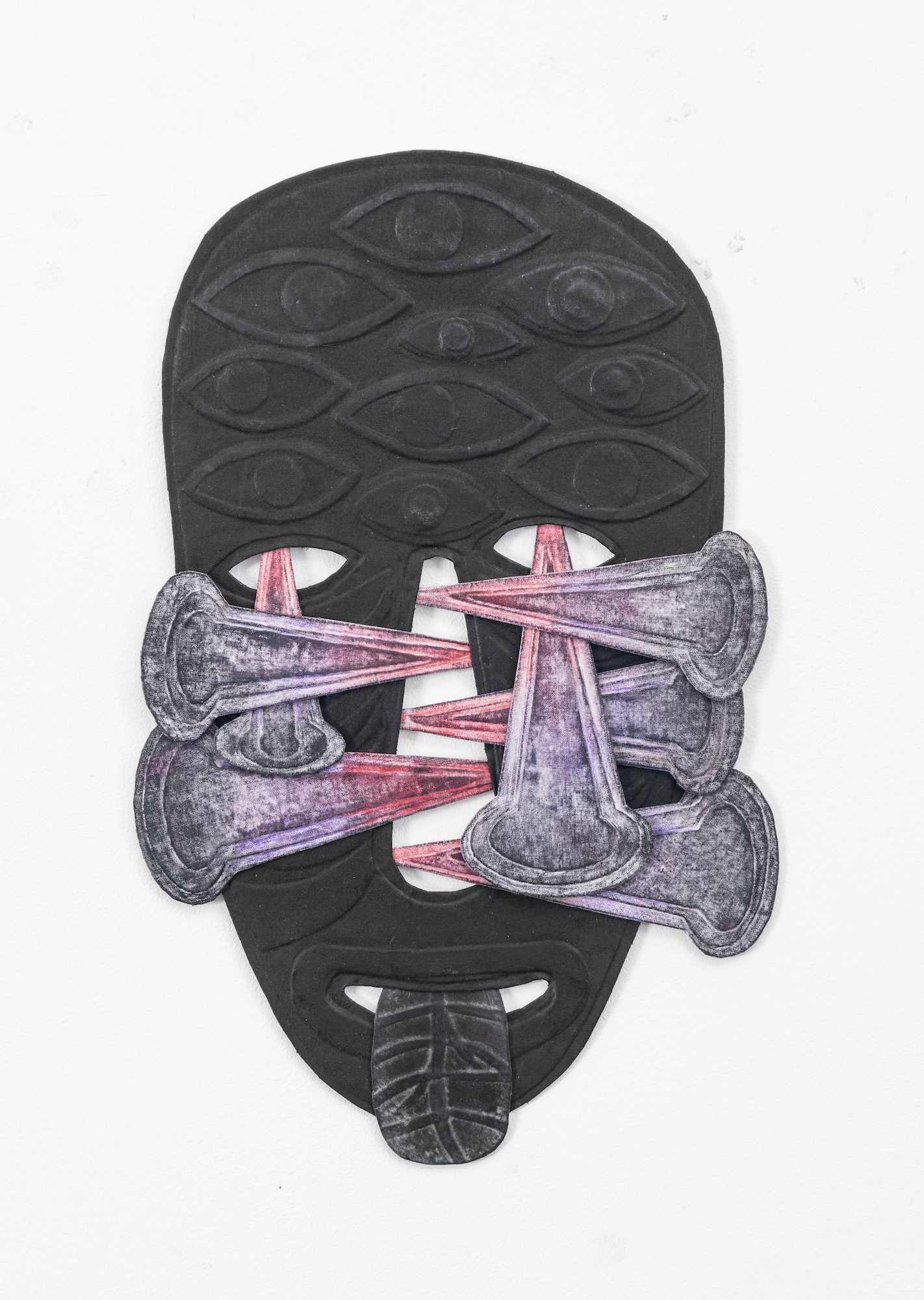  Trance, 2019 . Color pencil, oil pastel, oil and wax on layered cloth on canvas . 43 x 28 cm