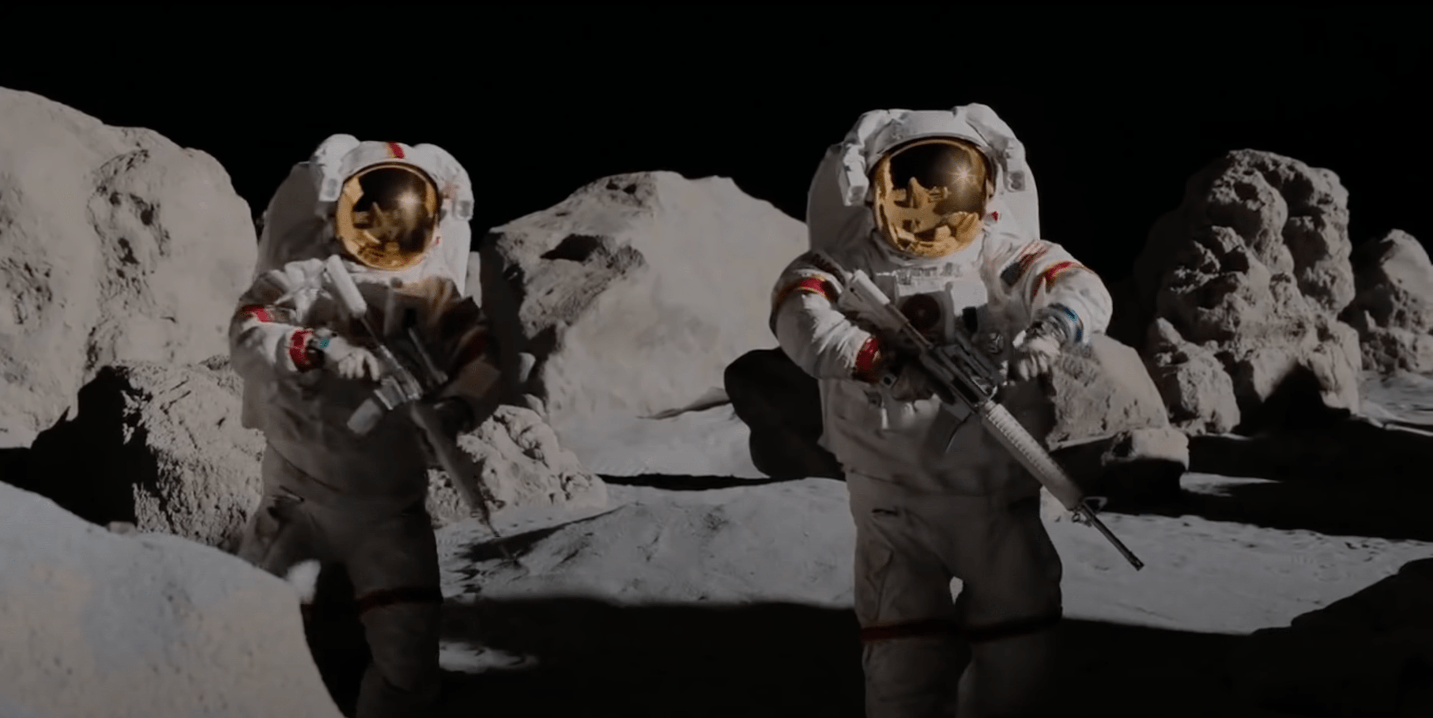 Scene from Apple Tv's For All Mankind season 2, Astronauts on the moon engage in weaponized conflict.
