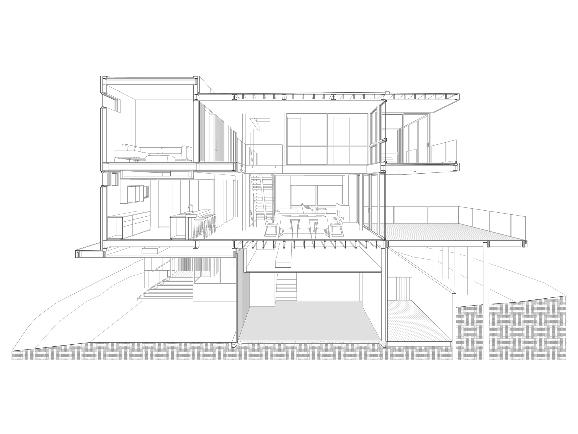 Architectural sectional perspective of the Beach Roost residence, illustrating the two levels of living space, the central staircase, and the integration of large, elevated exterior decks.