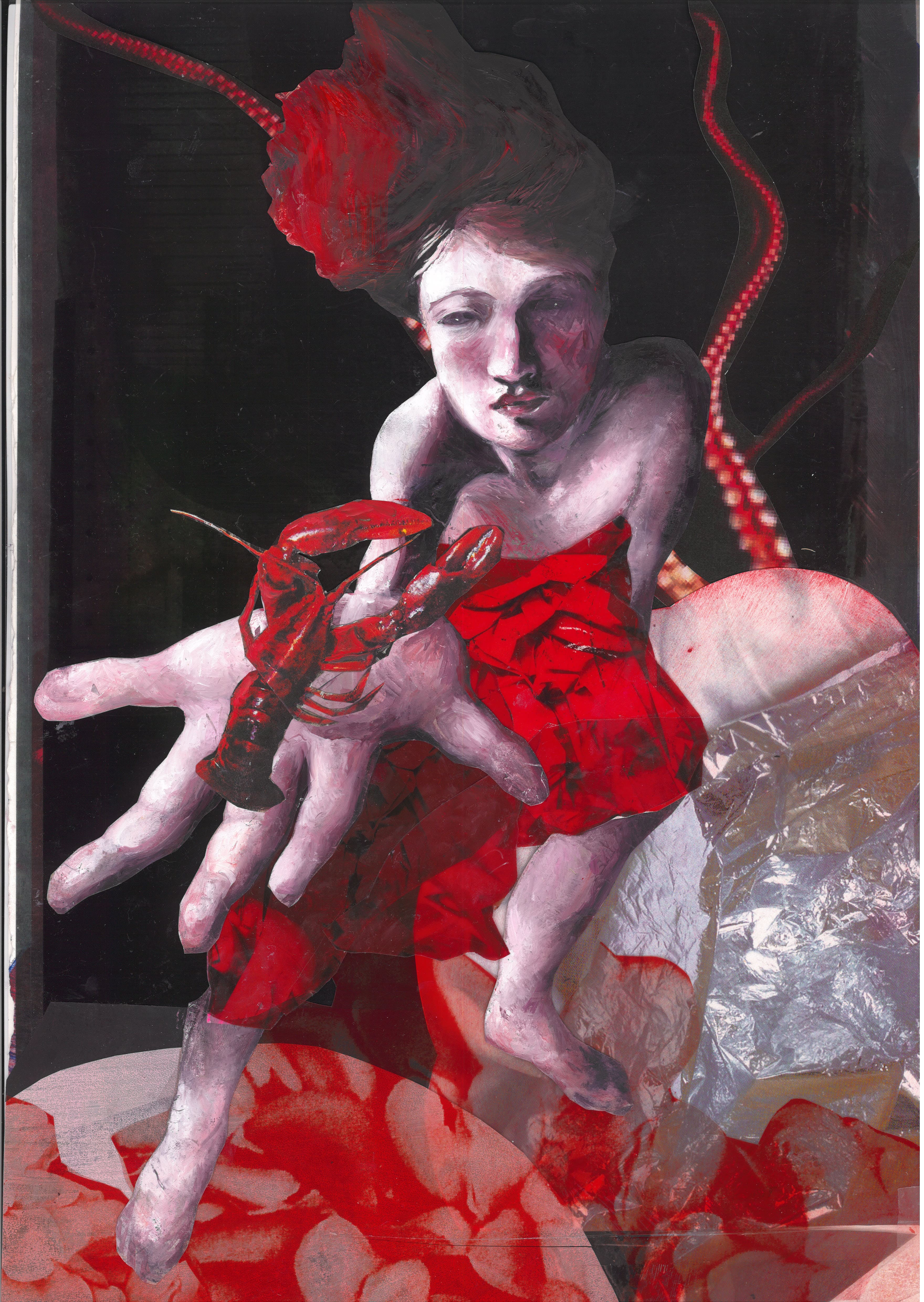 Ophelia #1 (Work in progress)Ölfarbe auf Papier, Collage mit verfremdeten Fotomaterial sowie Radierung, 28 x 44cmBuchprojekt „Es neigt ein Weidenbaum sich übern Bach“ Ophelias Tod nach Shakespeare2022-2023