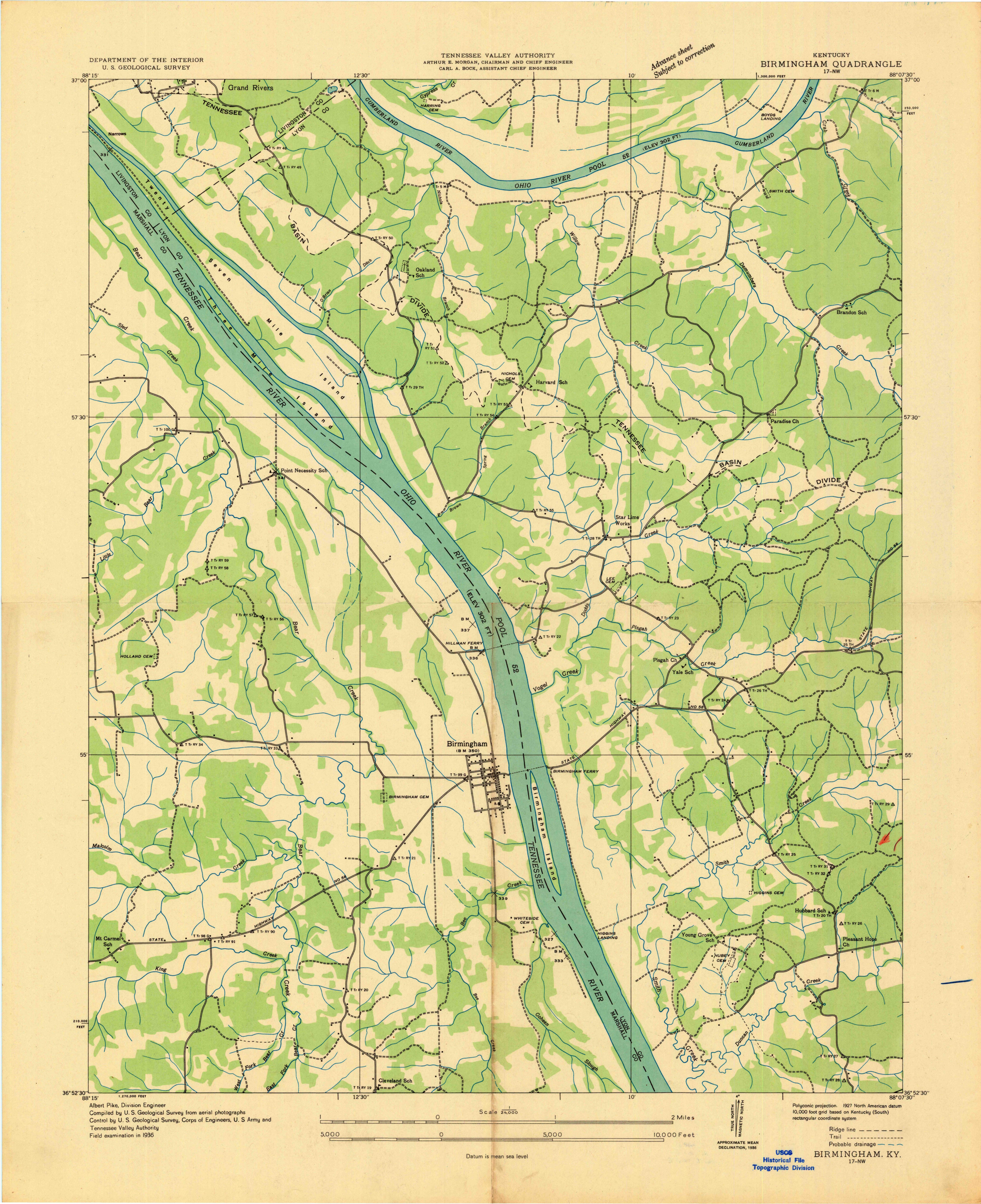 Birmingham, Kentucky 1936 U.S. Geological Survey map