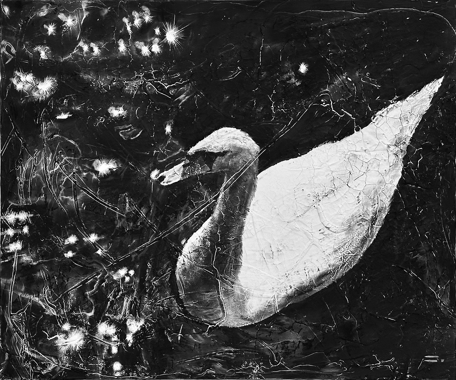 Water flash, 2023, charcoal, industrial paint on abandoned wood panel, 60.6*72.7(cm)