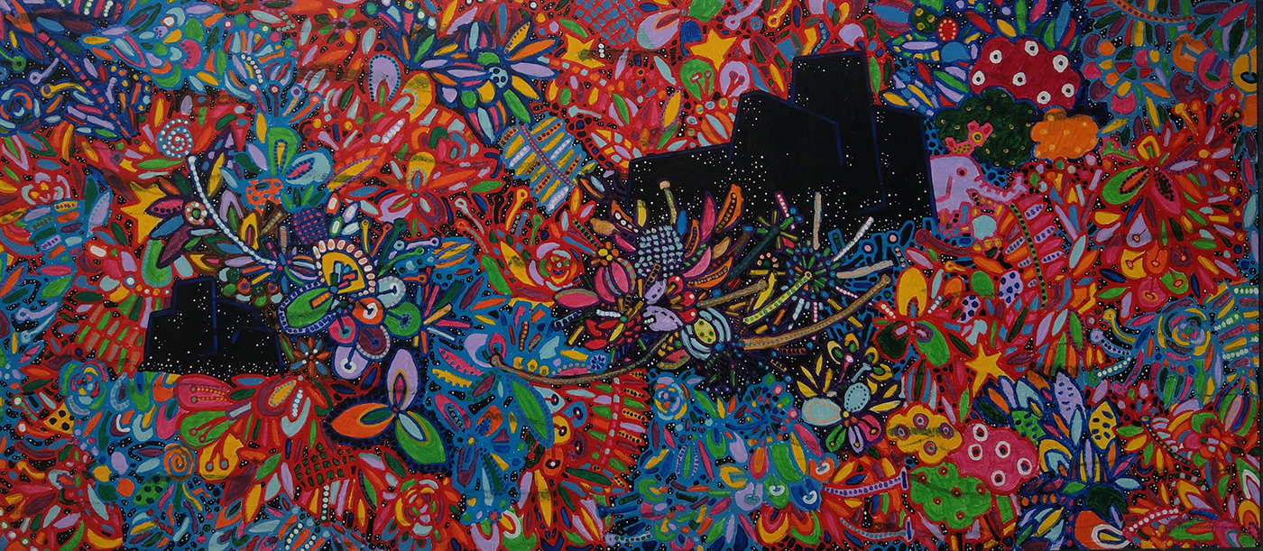 星空花園裡的粉紅象。Pink Elephant in the Starry Sky Garden。Acrylic.oil paint.gold foil.canvas, 91.5x206CM 2019