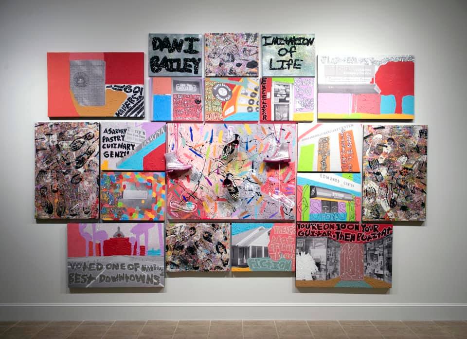 "Imitation of Life" 16 canvas photo prints, latex paint, texture gel, glitter, shoes, wire, spray paint, shoe prints, pop culture quotes