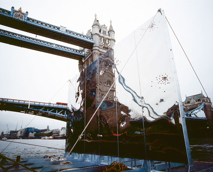 Saved from the Waters, 2008, installation with punctured stainless steel, 15x30x1 ft, River Thames, London, towed under Tower Bridge