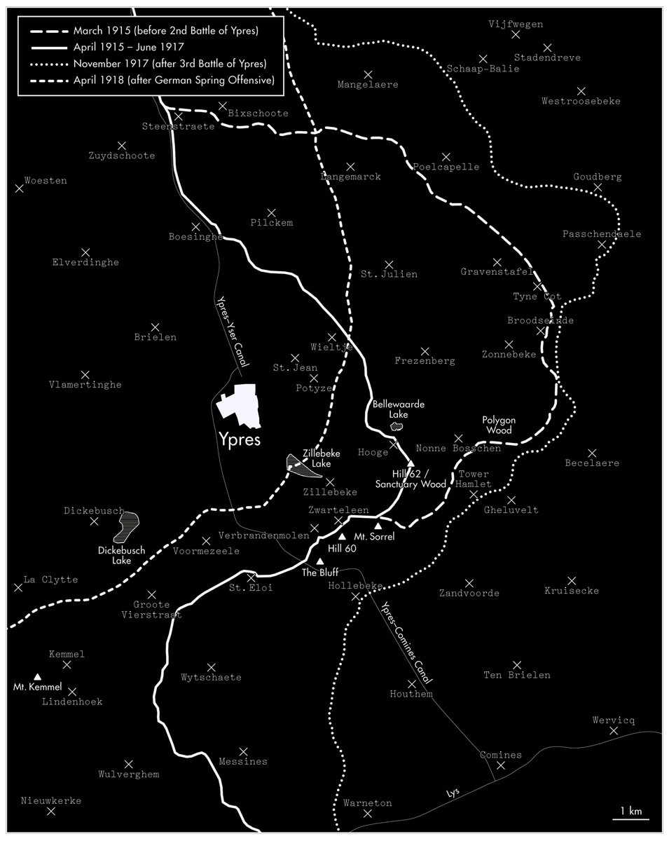 Front lines around Ypres (BE) during the First World Warfrom: Shaky Ground – Traces of the Great War at the Ypres SalientPeter Dekens, 2018map for: Shaky GroundPeter Dekens