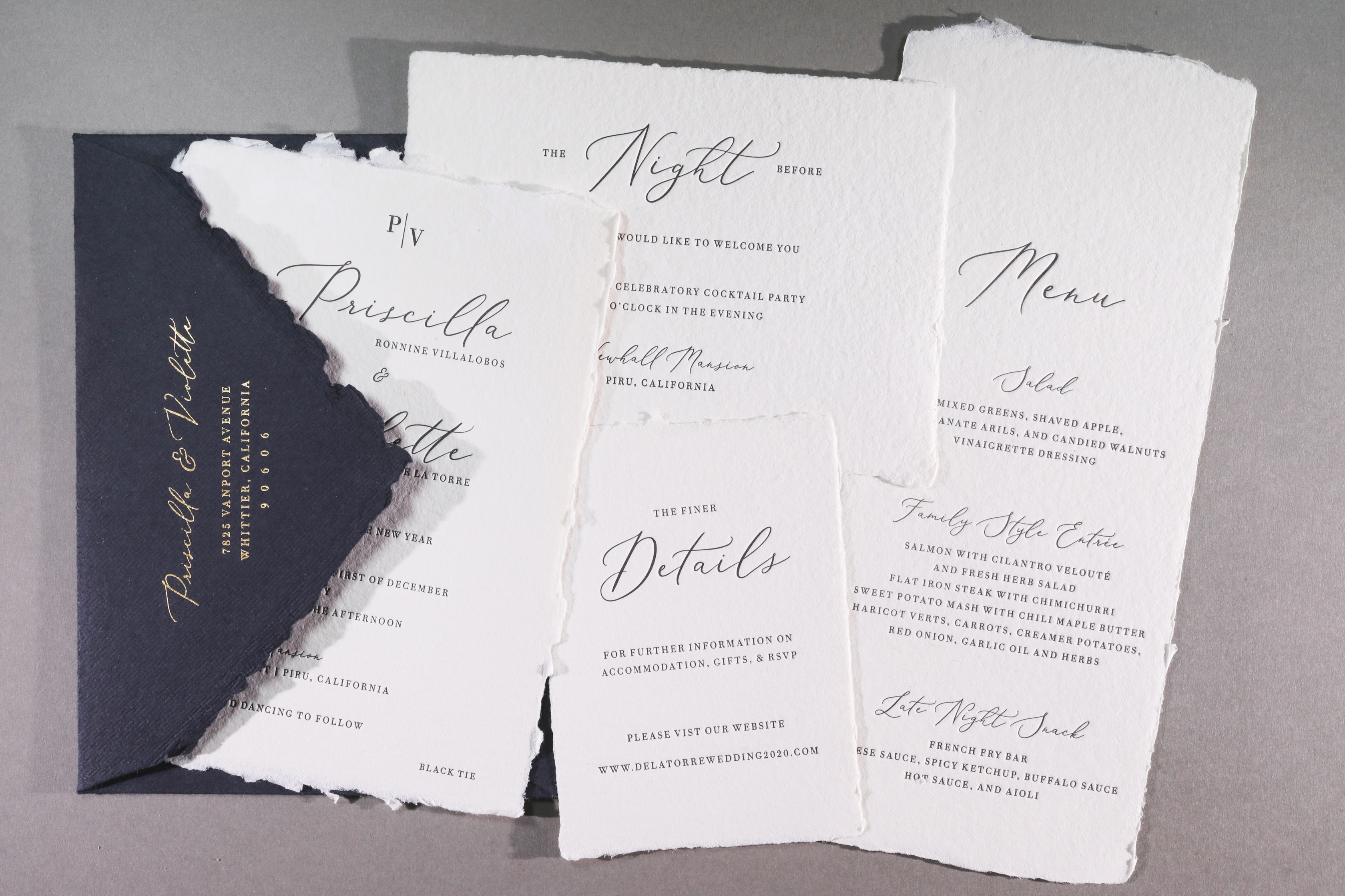 Priscilla & Violette wedding invitation.Letterpress black ink on handmade cotton deckled paper in a wheat color and gold foil on the black handmade deckled envelope
