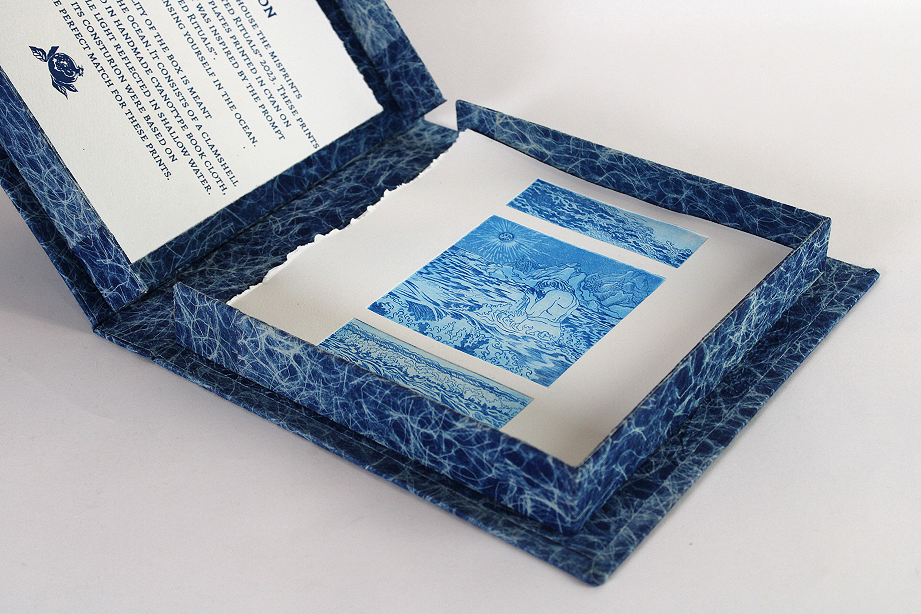 Repeated Rituals, cyanotype book cloth, clamshell portfolio construction, screen printed colophon, intaglio edition on bfk, 12” x 12.25” x 2” 2022
