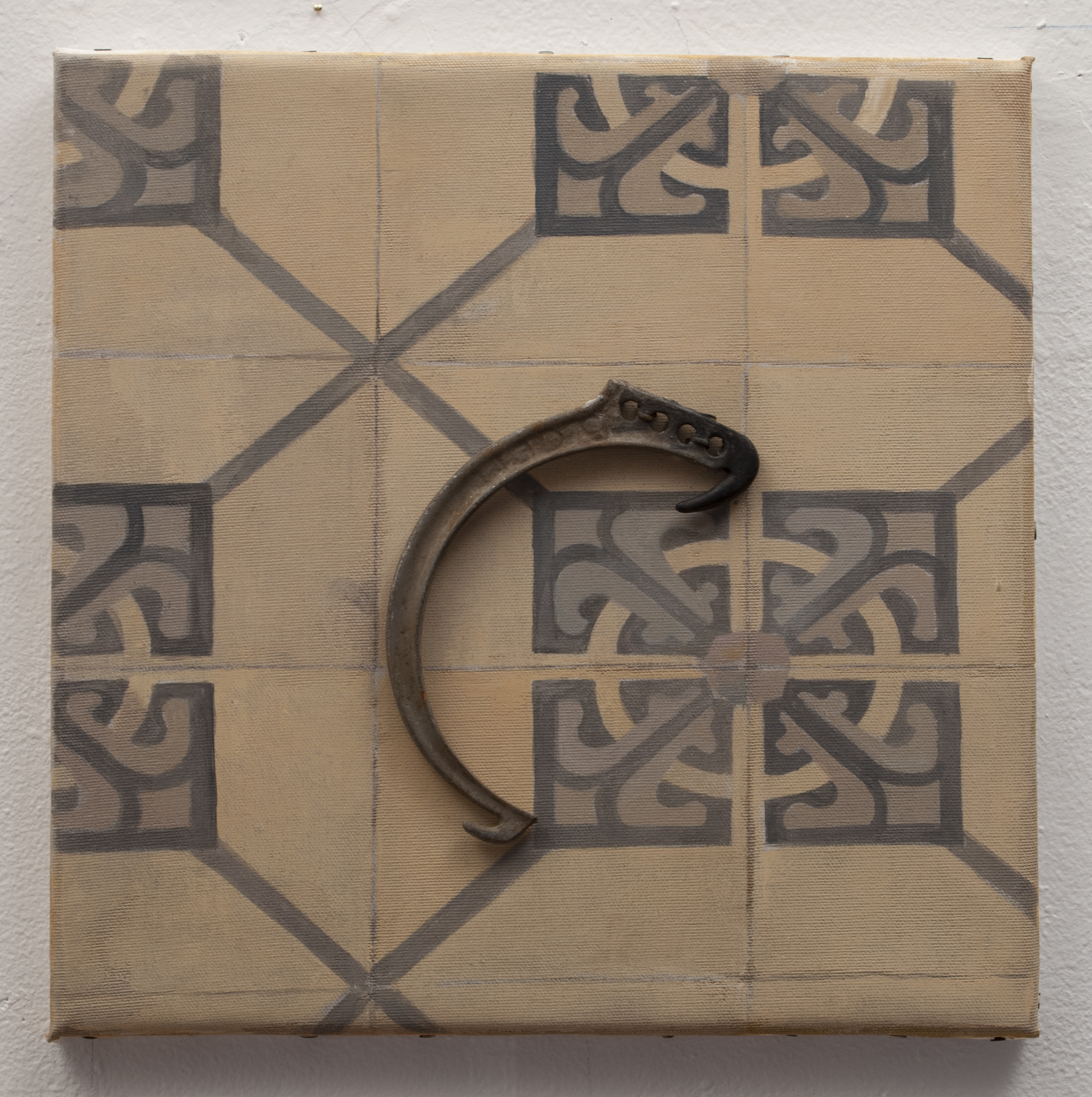 Bumerang, 1980  Acrylic and assemblage on canvas, 12” x 12”