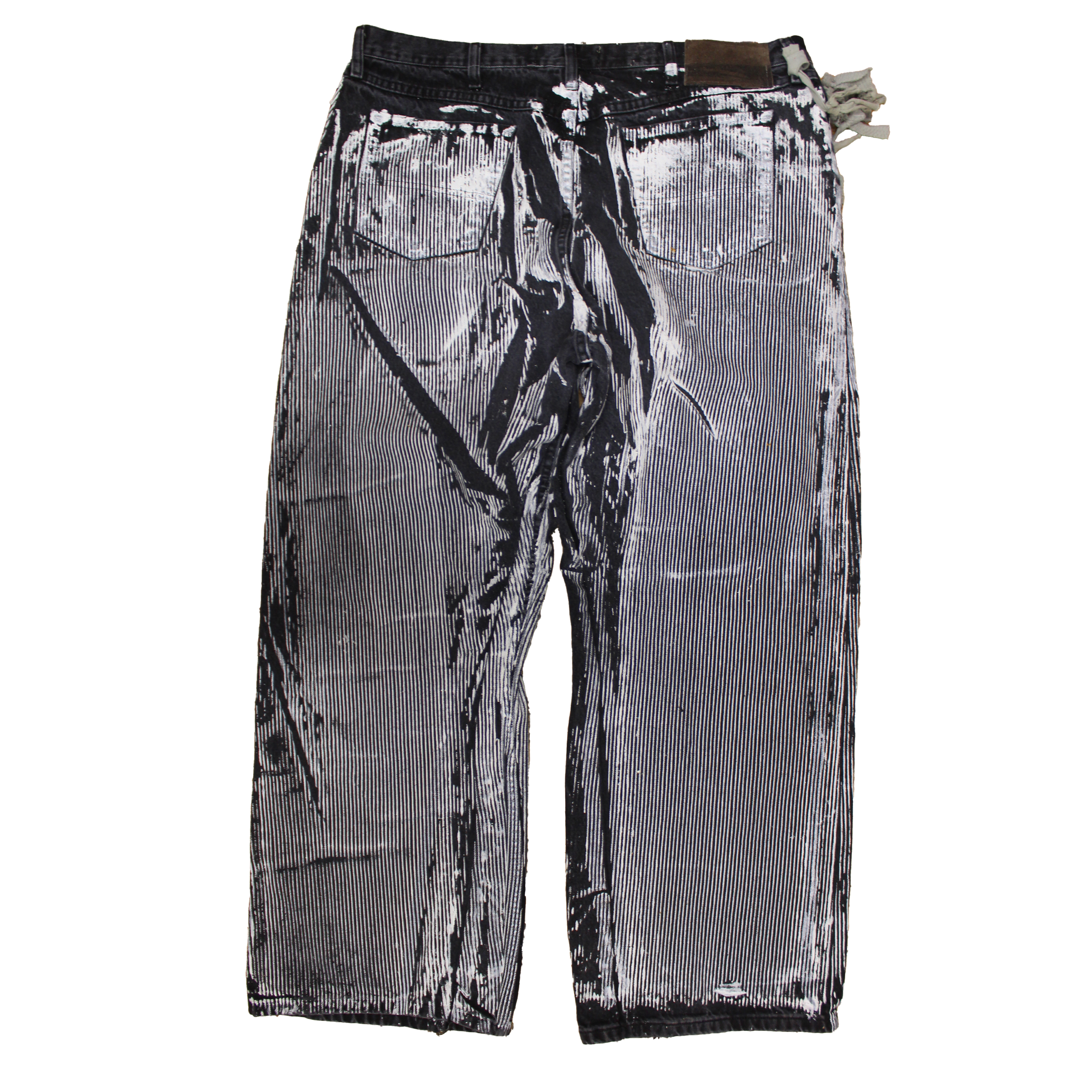 reclaimed vintage surplus denim screen printed with textile ink in snagstripe print. tailored for straight/wide fit. fitted with custom keychain, scrap chain, and leather patches