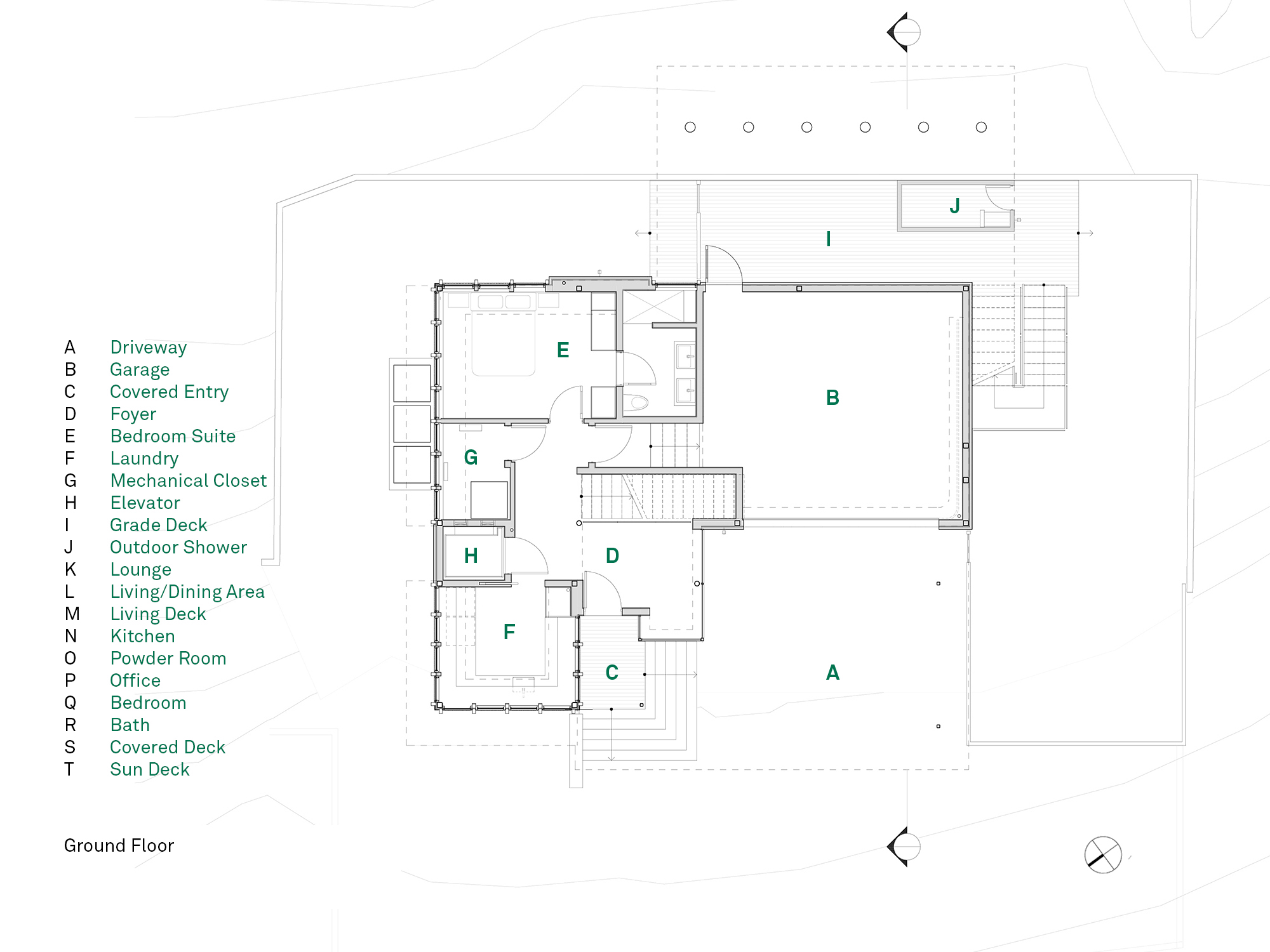 Architectural ground floor plan for the Beach Roost residence, illustrating the layout of the garage, the foyer, a bedroom suite, and a lounge area with circulation access to the upper floor.
