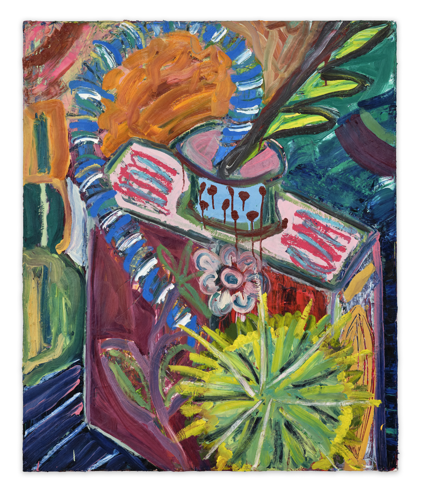 Rose Electra Harris, Swan Plant, 2023, oil, acrylic, spray paint and pigment sticks on canvas, 47 1/4 x 39 3/8 in / 120 x 100 cm © Rose Electra Harris