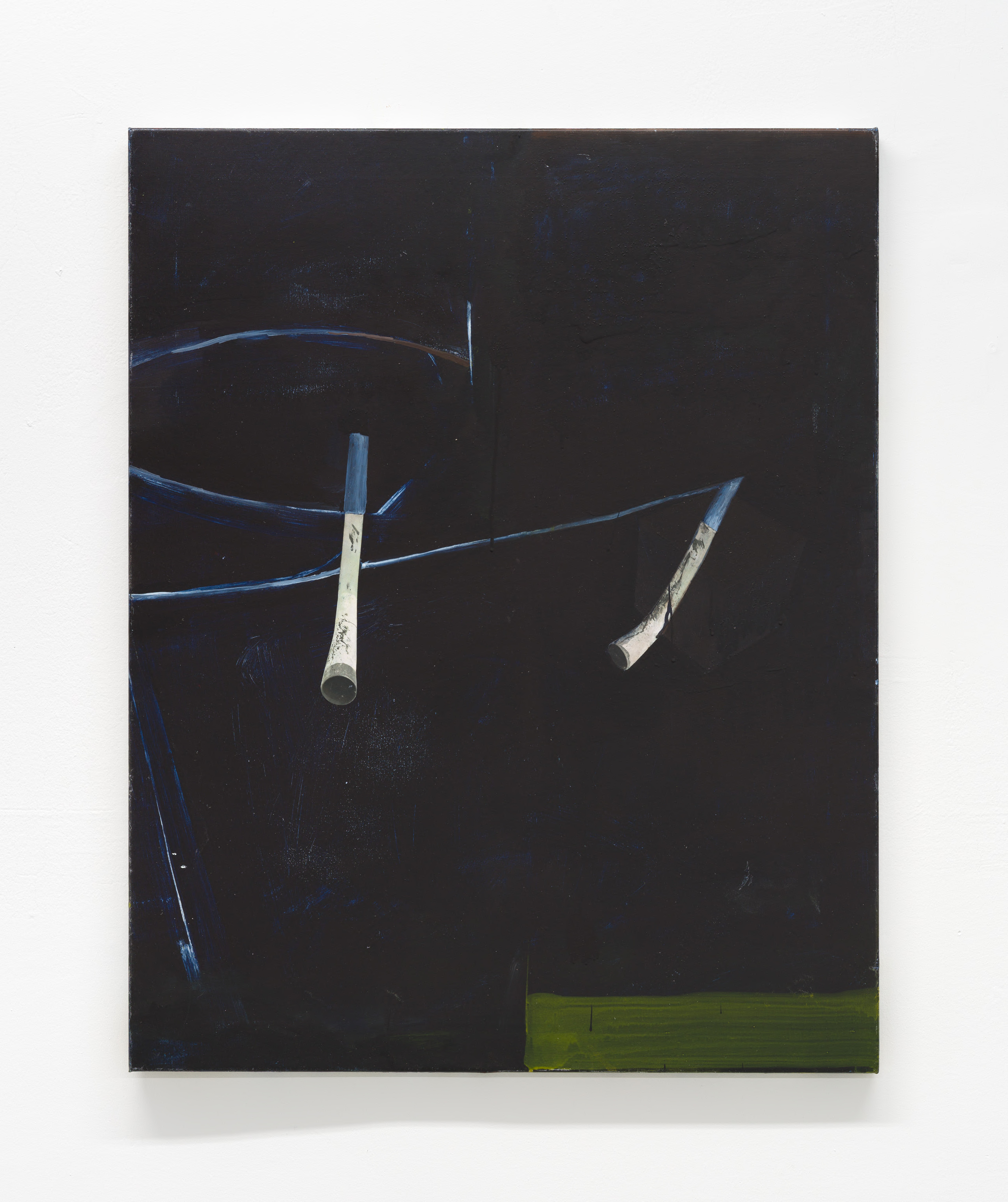 Exhausts, 2025, oil and laser print on linen 36 1/2 x 29 in. (92.7 x 73.7 cm.)