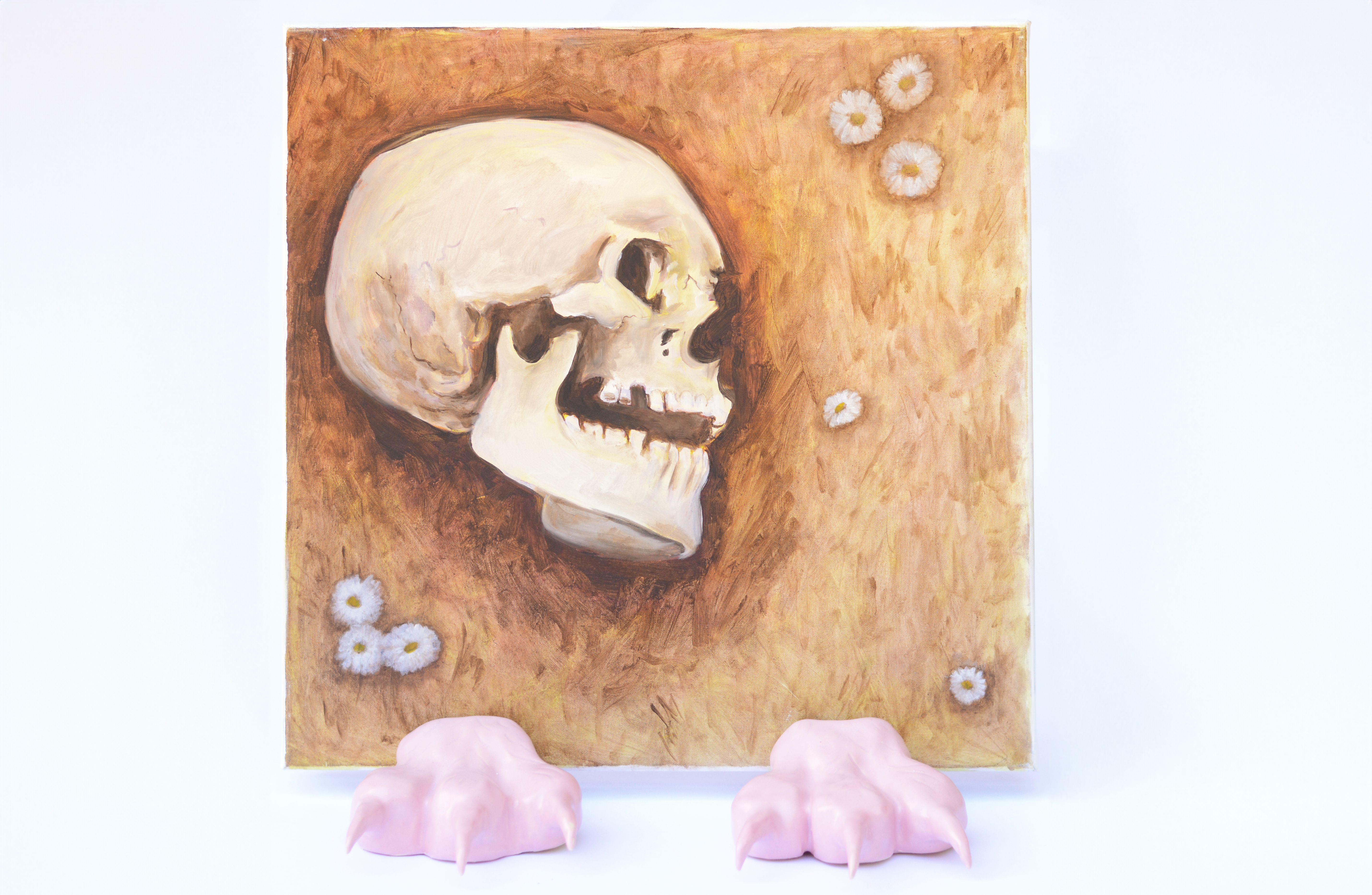 Pushing Up Daisies and Cold Feet, 2024, oil on canvas and glazed ceramics, dimensions variable.