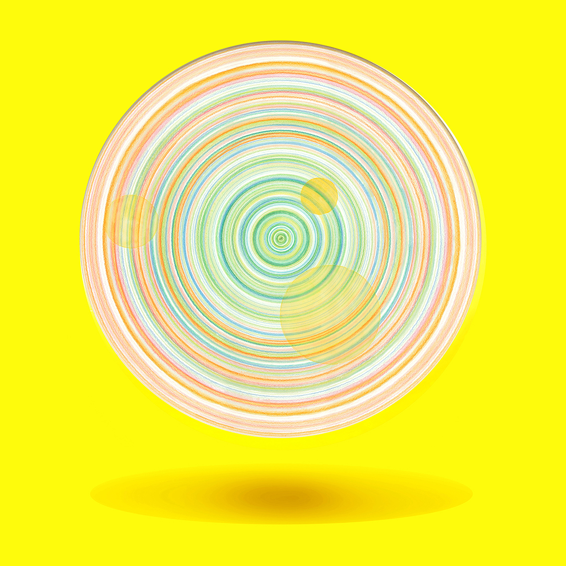 GRAND DESSIN CERCLES COLORÉS et DIGITAL ŒIL OBLO IRISÉ – 2024. 100 x 100 cm. Collage technique mixte entre dessin crayons de couleur au compas et dessin digital. Différentes possibilités de couleur et taille