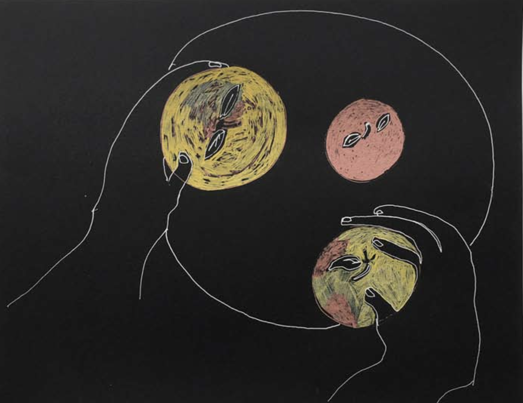 “Holding Apples,” 2016, pen and ink on paper, 11" x 14”