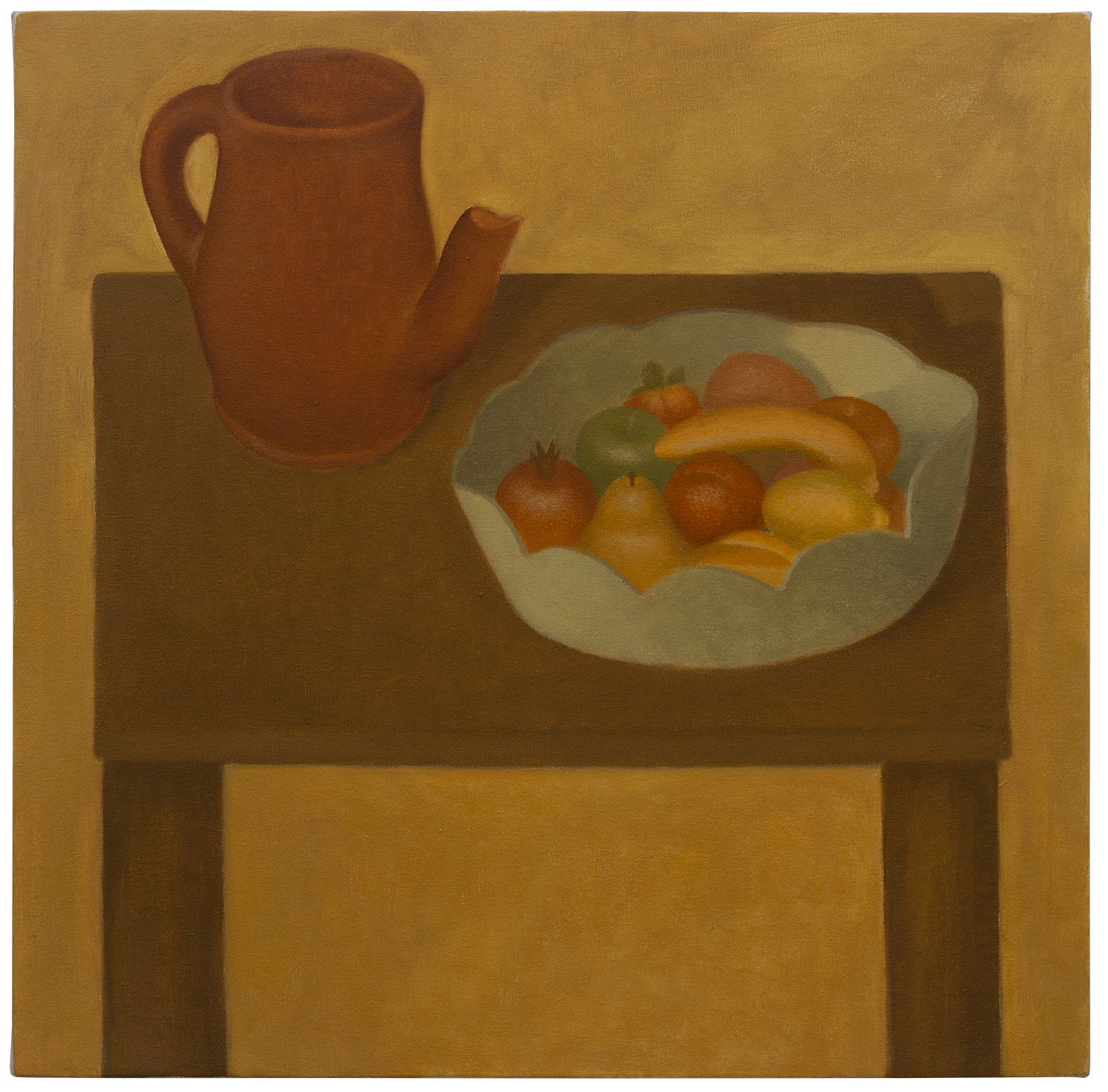 "Mesa com jarra e fruteira", 2023, óleo sobre tela