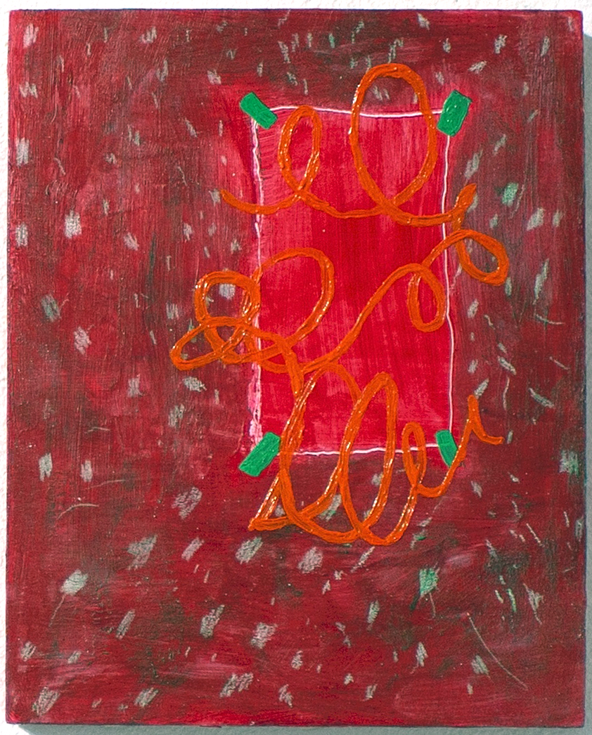 Note on the wall, 2021, pencil, acrylic and oil paint on wood panel, 11 x 8 in. 