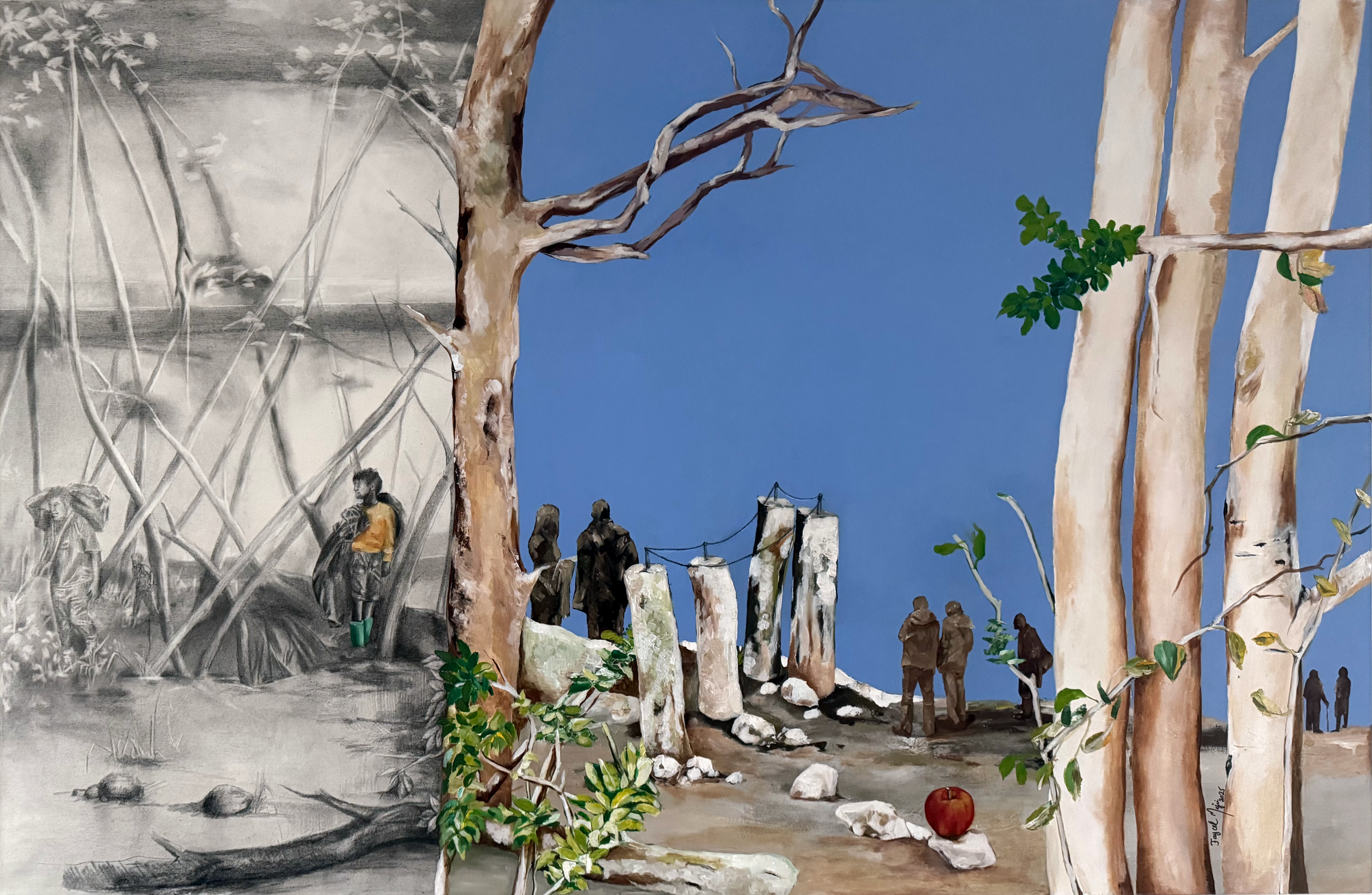 Faycel Mejri, Dialogue, Technique mixte sur toile, 200x130cm, 2025