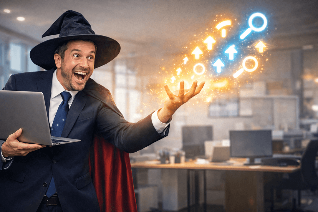 Cheesy corporate stock photo of a marketer in a suit pretending to be a wizard, holding a laptop like a spellbook, dramatically &ldquo;casting&rdquo; glowing upward arrows and magnifying glass icons into the air. Overly excited smile, staged office background, overly bright lighting, shallow depth of field, slightly uncanny AI stock photo vibe, wide banner composition, no text, no logos.