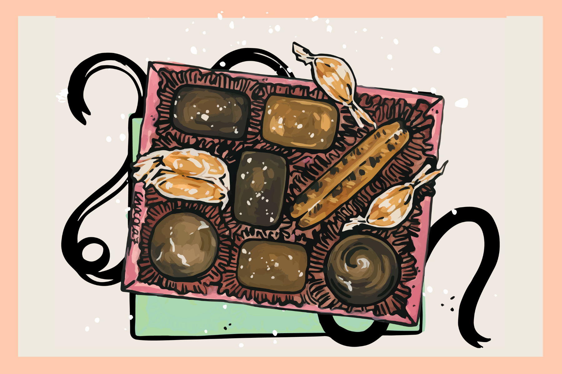 Card ten—Box of Chocolates (as a postcard), Gouache Painting printed on postcard, 4.5x5.25 inches, 2023