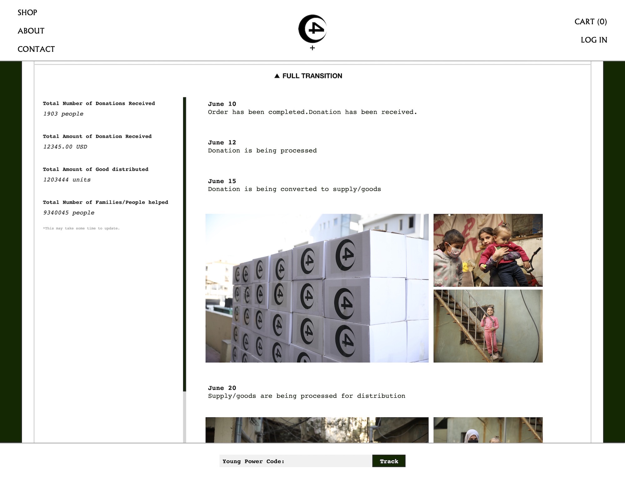 by scrolling down, the user can see the progress of how the donation is being delivered.