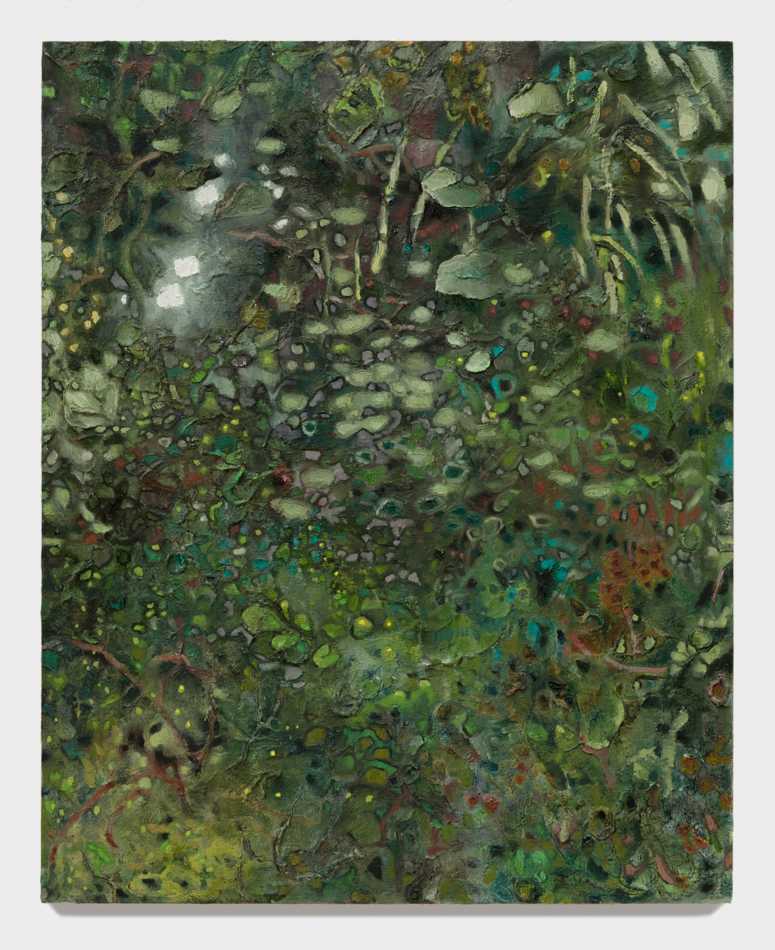 pondoil and wax on panel20x16"2023The surface of the pond was green, all leaf litter, algae and spider-bugs. All parts of every tree and the lights beyond swirled together in the picture on the water, dancing in ripples, infinite rings emanating from every form, forever, down to the smallest beyond sight.