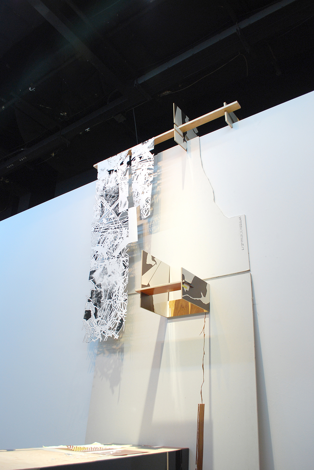 ako / avd  Ink, graphite, colored pencil, contact paper, and block prints on paper and drywall. Wood, formica, flooring, drywall and pushpins.   2009 - 151 x 43 x 68