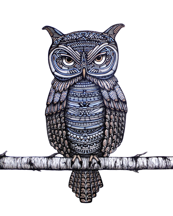 GeoOwl, Ink, Watercolor, and Pencil Crayon on Paper, SOLD